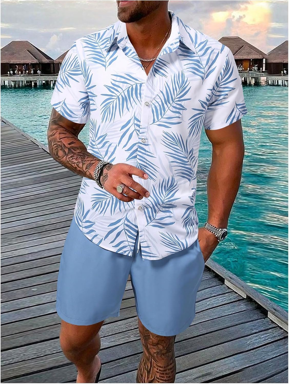 VIPWOLF Men's 2 Piece Short Sets Outfits Graphic Button Down Shirts and Drawstring Waist Beach Shorts
