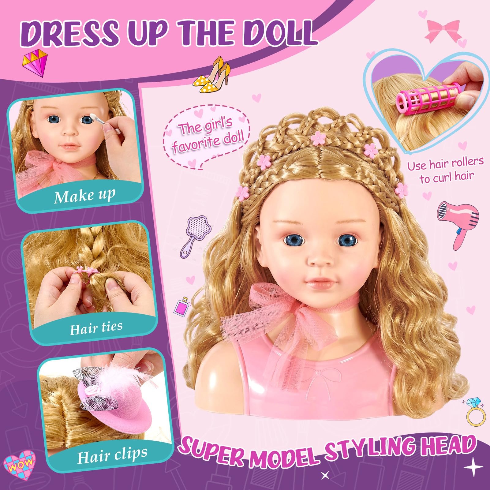 Frisierkopf Kinder Schminkkopf Mädchen Spielzeug, Stylingkopf Set mit Haartrockner, Lockenstab, Schminke, Hut, Haarstyling Zubehör, Rollenspiel Geschenk Puppenkopf zum Schminken Frisieren ab 3 Jahre