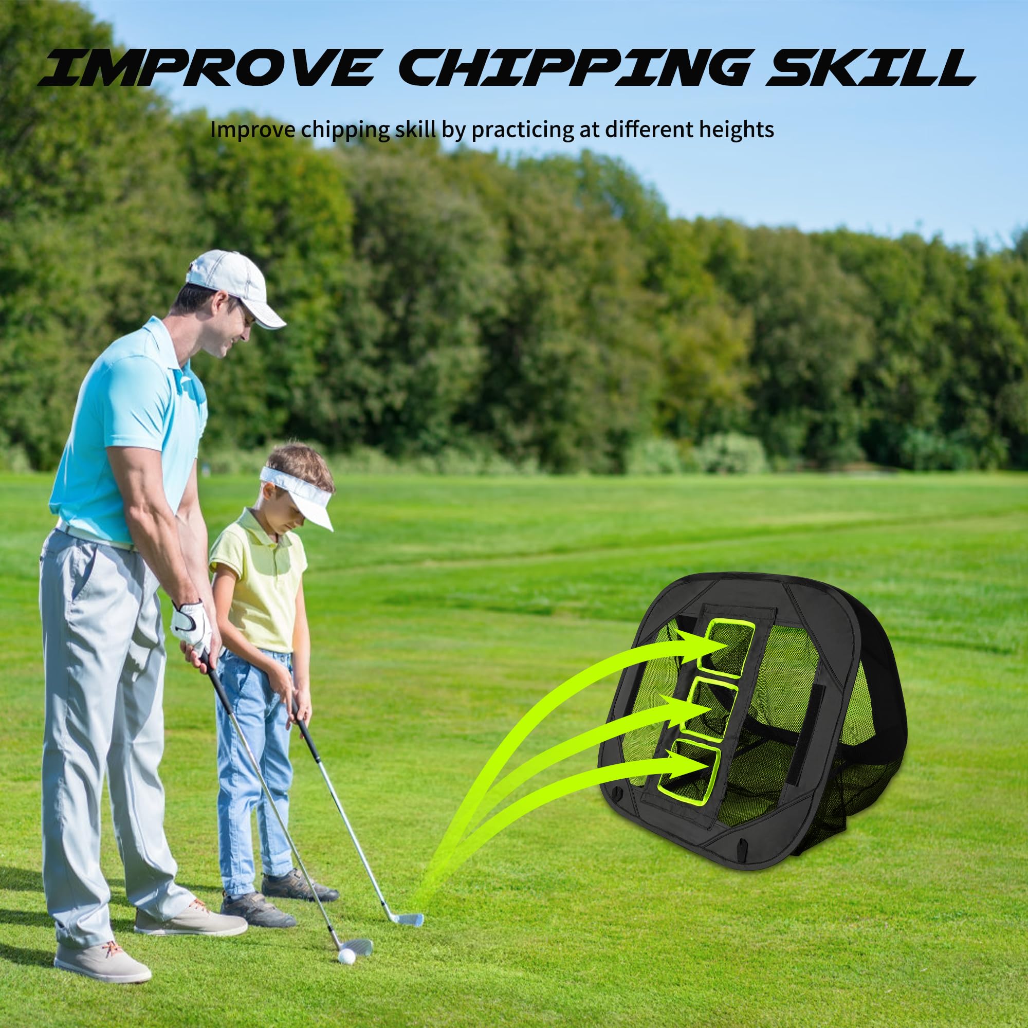 Golfnetze für Garten, Golf Chipping Net 5 Modi Pop Up Übungsnetz mit Matte, 12 Schaumstoffbälle, Tragetasche und Zielscheibe, Schwarz