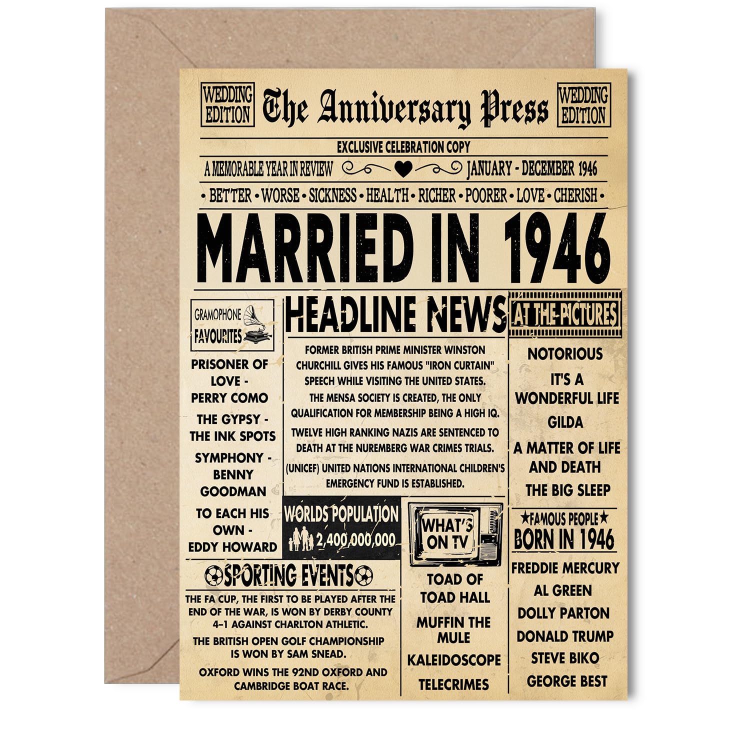 80th Anniversary Card for Women Men - Vintage Newspaper Married in 1946-80 Year Wedding Anniversary Card for Companion Wife Partner Husband, 5x7 Inch Anniversaries Greeting Cards