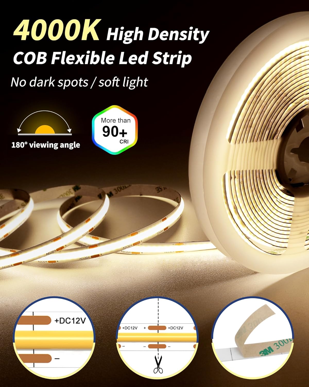 GOOVER COB LED Strip Lights Kit with Remote & 48W Power Supply, DC 12V 4000K White 16.4ft Dimmable Tape Light, 150+LM/FT, 2.2W/FT, CRI 95+, High Density 1600 LEDs, UL Listed for Bedroom Kitchen 16.4FT 4000K KIT Natural White(COB)