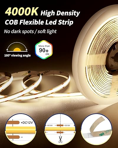 Miniatura 2 de GOOVER COB - Kit de tiras de luces LED con control remoto y fuente de alimentación de 48 W, CC 12 V 4000 K, luz blanca regulable de 16.4 pies, 150 +
