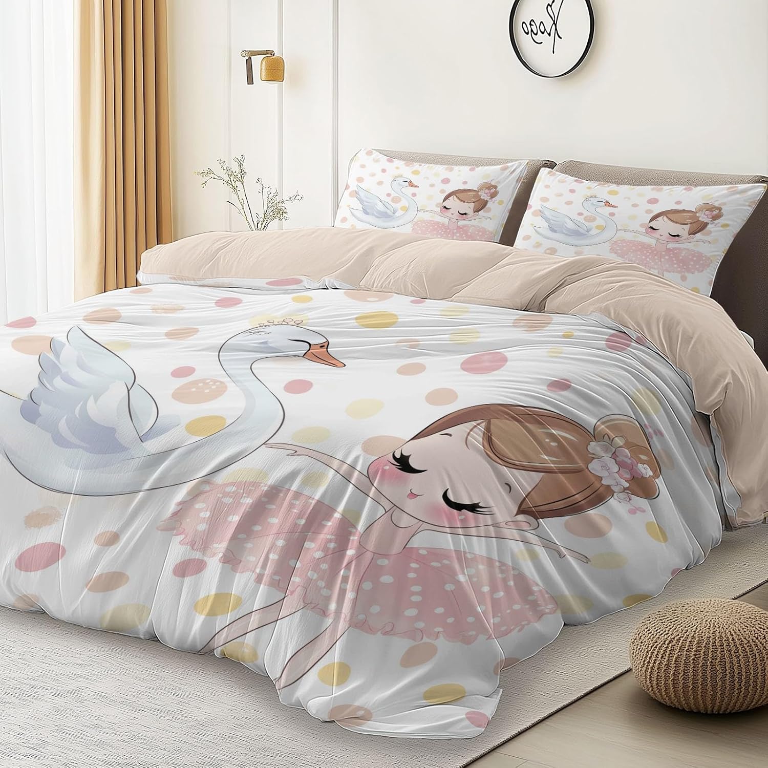 Duvet Cover Queen Size Cartoon Swan Girl Printed on Pink Comforter Cover Reversible Bedding Set with Zipper Closure 3Pcs Soft Breathable Microfiber Quilt Cover
