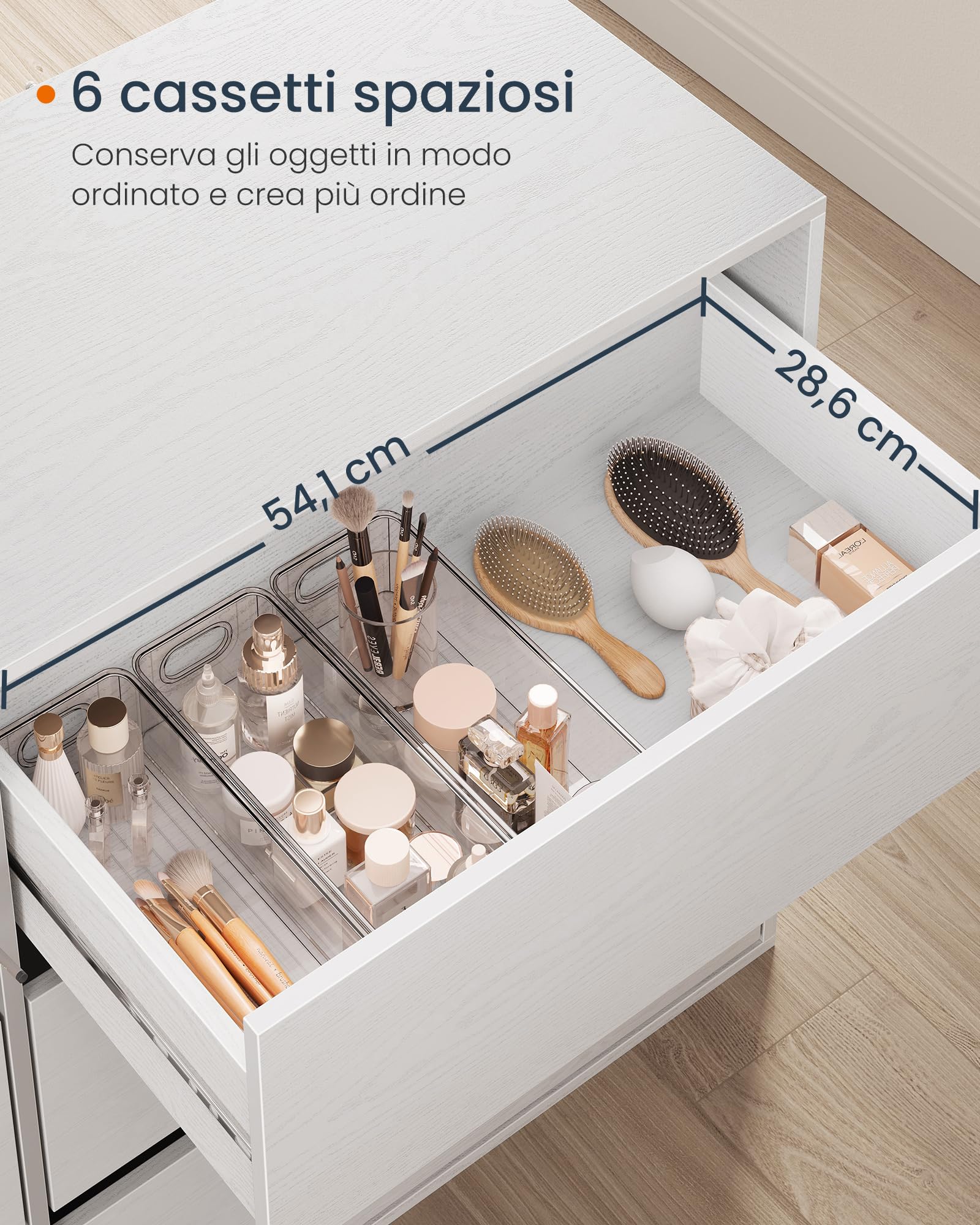 SONGMICS HOME Cassettiera Camera da Letto, Montaggio Rapido Senza Attrezzi Toolless, Scrivania Camera da Letto con Cassettiera Bianca, Toeletta Trucco, 6 Cassetti, Moderno, Bianco LTS656W01