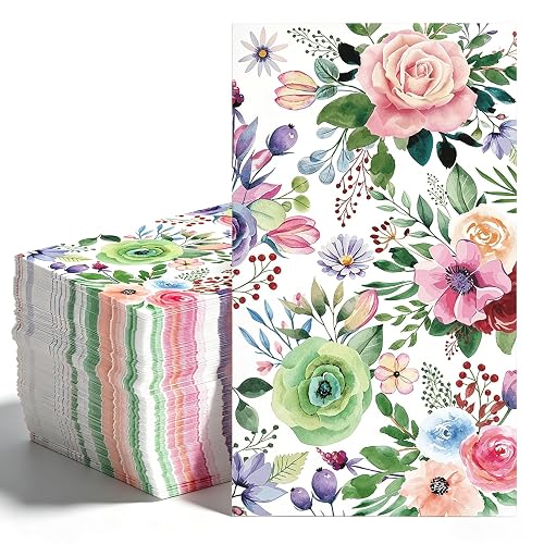 50Pcs Disposable Floral Paper Napkins Decorative Bathroom Guest Napkins Watercolor Flower Hand Towels Dinner Party Napkins for Wedding Birthday Baby Shower Table Decor