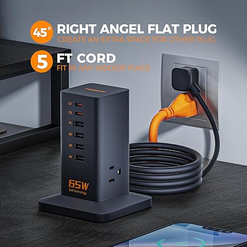 Miniatura 7 de TESSAN - Estación de carga de escritorio para múltiples dispositivos de 65 W, torre de carga rápida USB de 6 puertos GaN con 3 tomas, concentrador