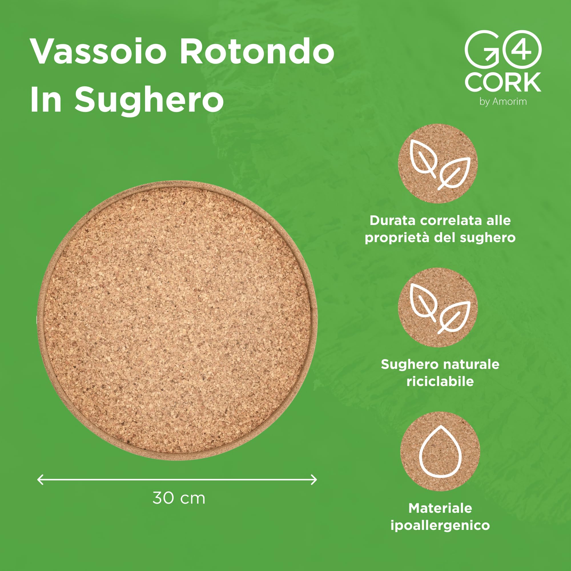 Vassoio Rotondo in Sughero Go4Cork - Diametro 300 mm (11,81") | Resistente al Calore, Riutilizzabile, Facile da Pulire | Vassoio Versatile da Portata e Decorativo
