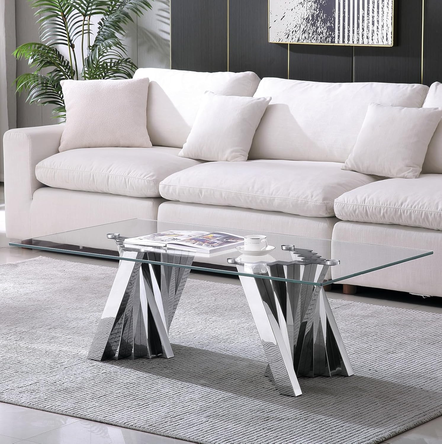Modern Coffee Table with Tempered Glass Top, 51.2-inch Rectangle Glass Coffee Table with Silver Mirror Finish Stainless Steel Base, Glass Top Cocktail Table Center Table for Living Room,Silver