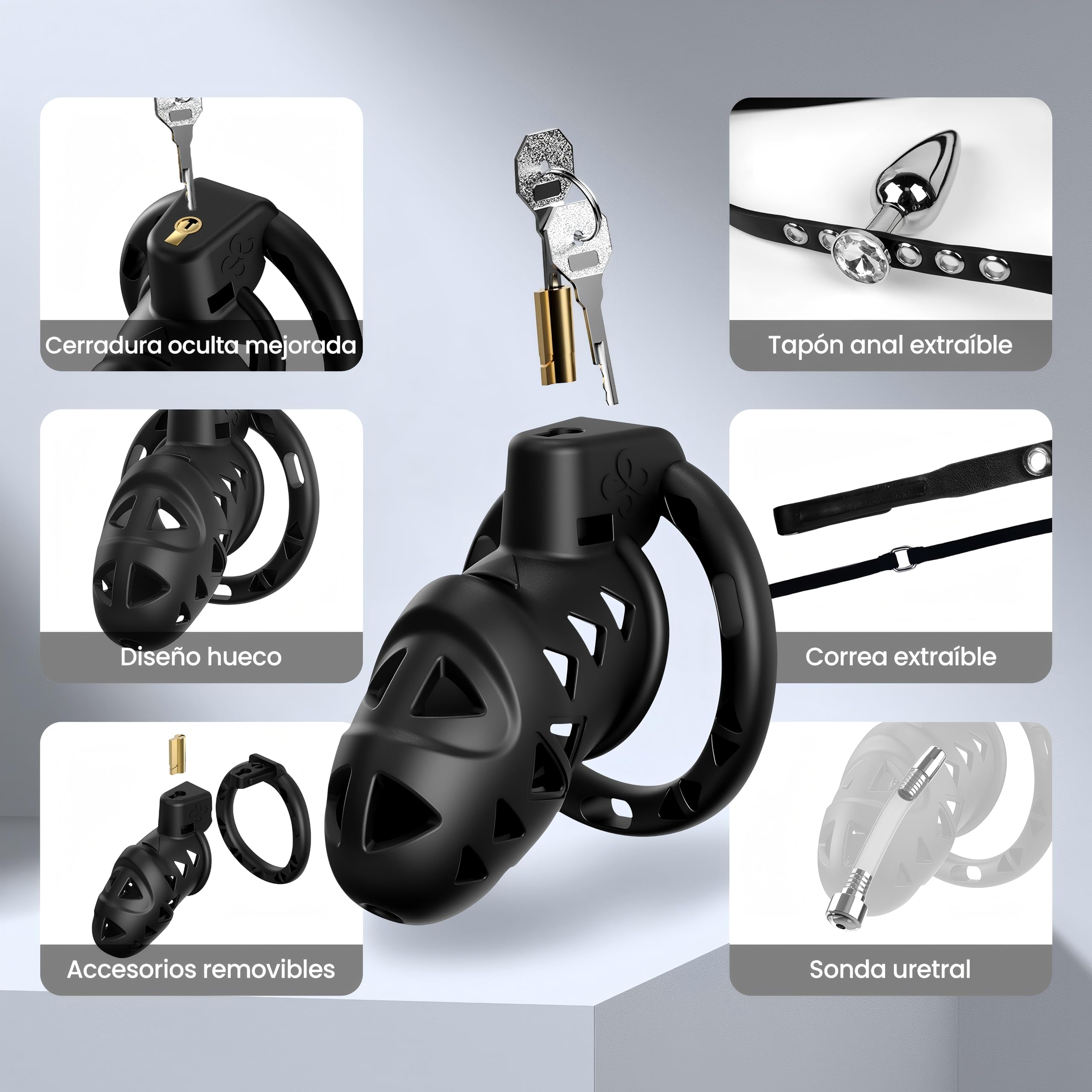 Juguetes Sexuales para Hombres y Parejas Jaula de Castidad Con Tapón, Arnés Ajustable y Cinturón de Castidad con 3 Anillos de Tamaño y Accesorios de Bondage BDSM
