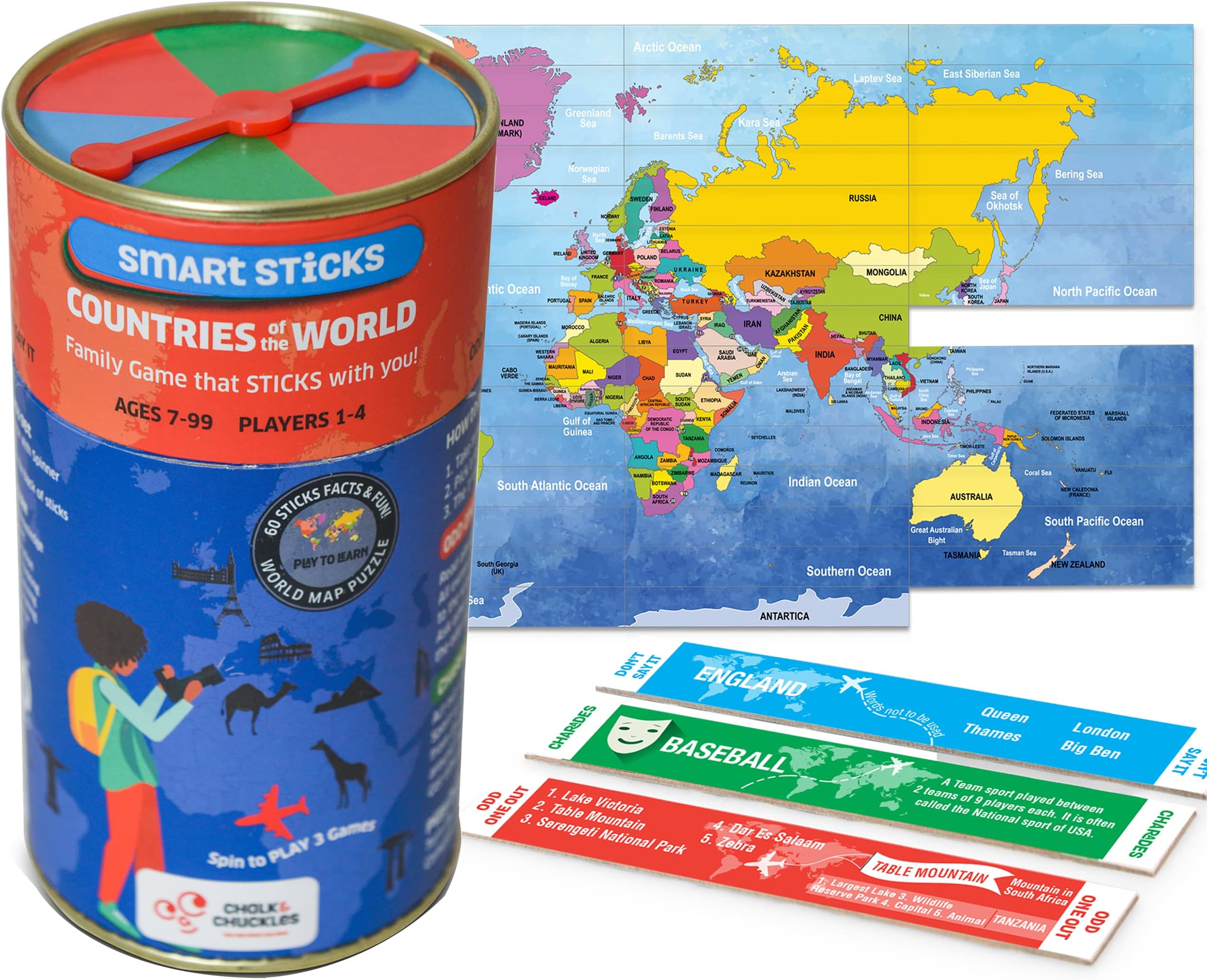 Chalk and Chuckles Smart Sticks Countries of The World, Family and Travel Game for Ages 7-99 Years, Fun Learning Toys for Kids