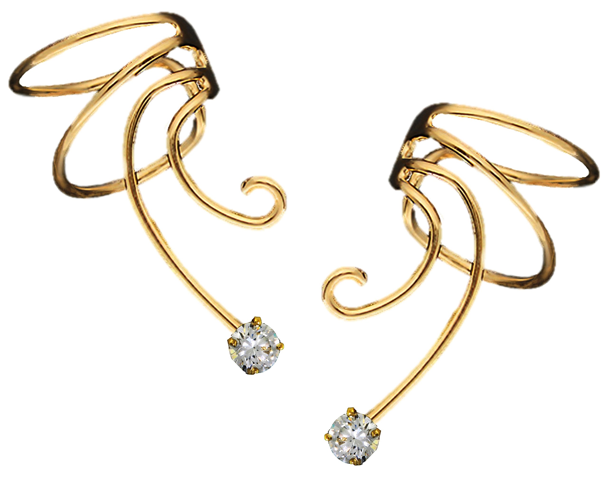 Cubic Zirconia Pair Gold On Sterling Non-pierced Wave Ear Cuff Earrings