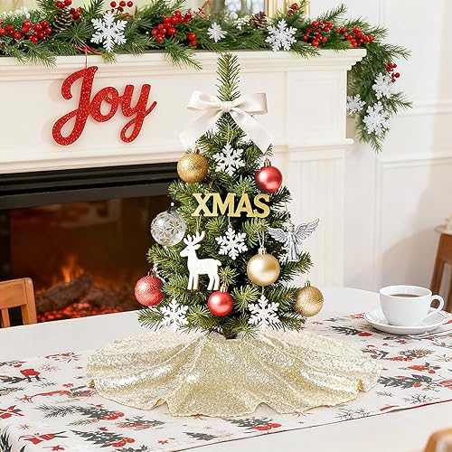 Miniatura 64 de Falda de árbol de Navidad de lentejuelas: Falda de árbol de bronce de 24 pulgadas, falda de satén con lentejuelas Falda de árbol pequeño