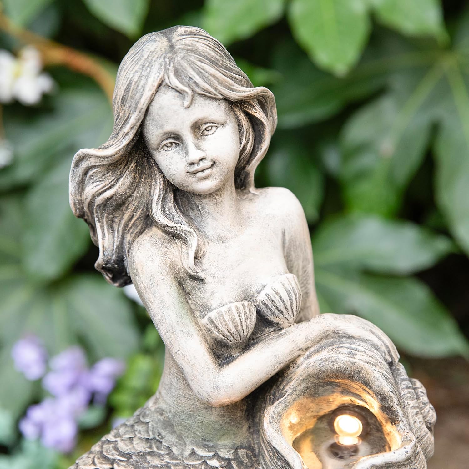 Glitzhome Water Fountain Outdoor, Outdoor Fountain with Lights & Pump, 22.25" H 4-Tiered Concrete Mermaid Polyresin Waterfall Floor Standing Water Feature for Garden, Patio, Yard, Deck, Porch