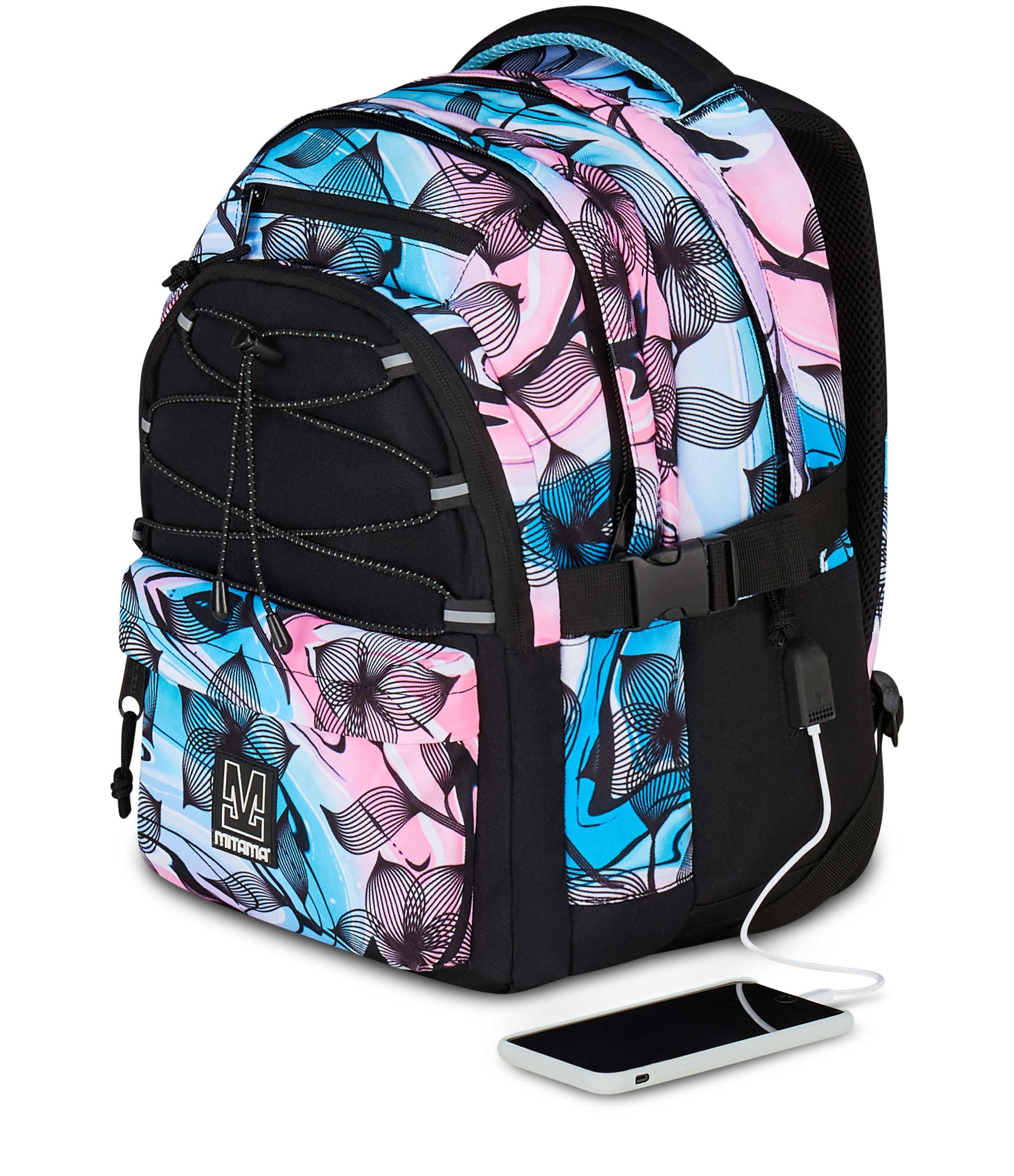 Mitama Zaino Scuola #BDBF FLOWER BREEZE, Celeste, Zaino Triplo Scomparto, Tasca Porta Borraccia, Porta USB Integrata, Larghezza Regolabile, Zaino Scuola Media e Superiore, Ragazza