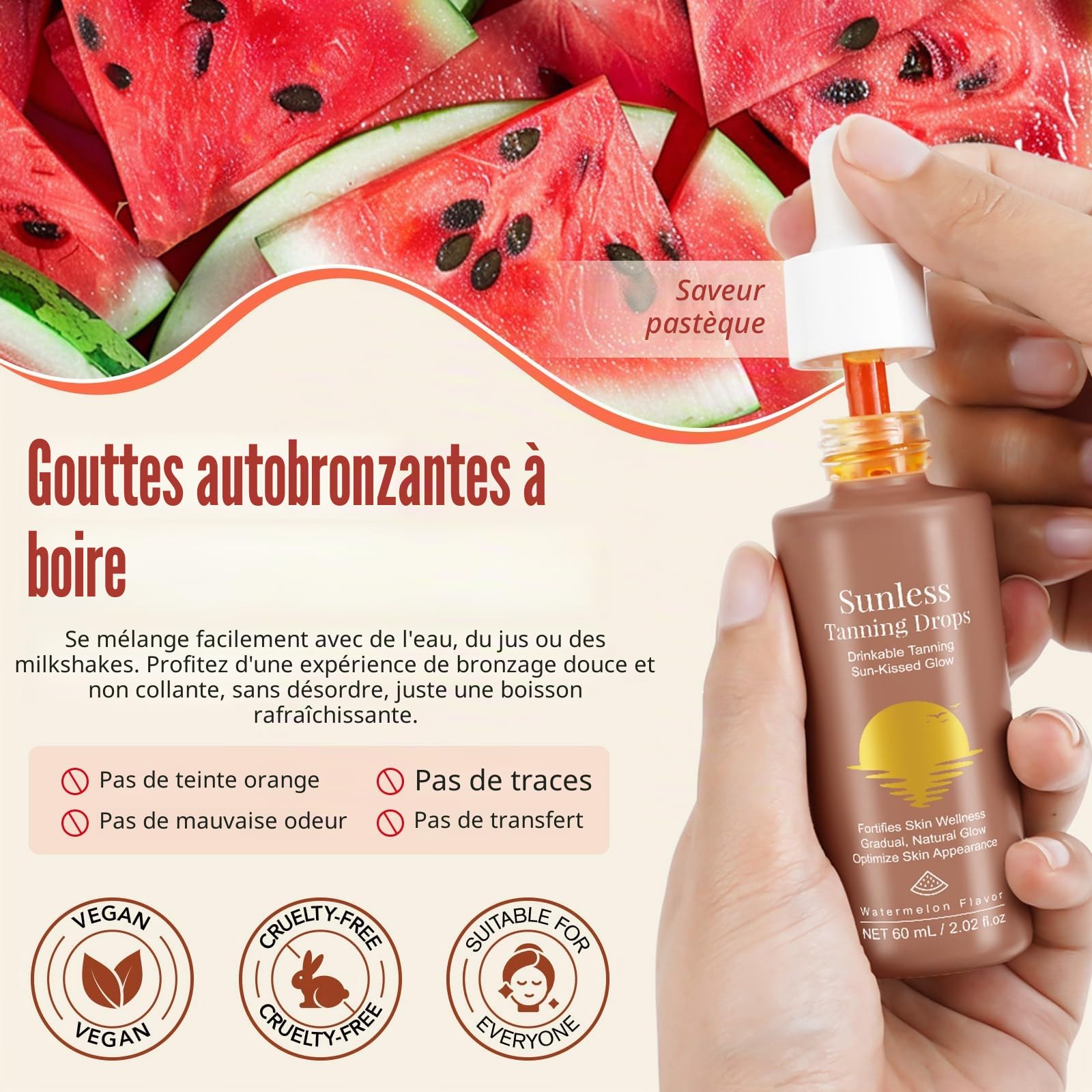 Gouttes de bronzage sans soleil à boire, gouttes de bronzage sans soleil, boisson orale hydratante bronzante pour le visage et le corps, lueur ensoleillée pour toutes les peaux
