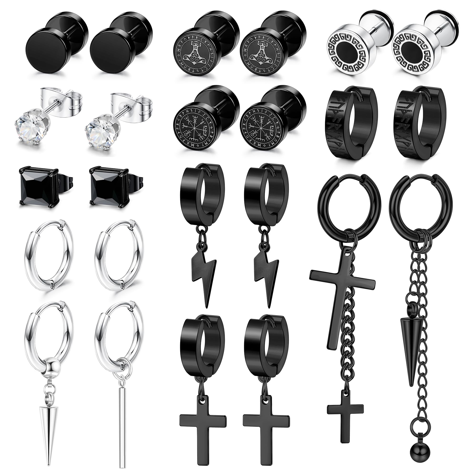 JeweBella 24 Piezas Pendientes Hombre Negro/Plata Acero inoxidable Pendientes Vikingo Ronda Negro Cuadrados Pendientes Aro con Colgante Cruz Rayo Punk Gothic Pendientes para Hombre Mujer