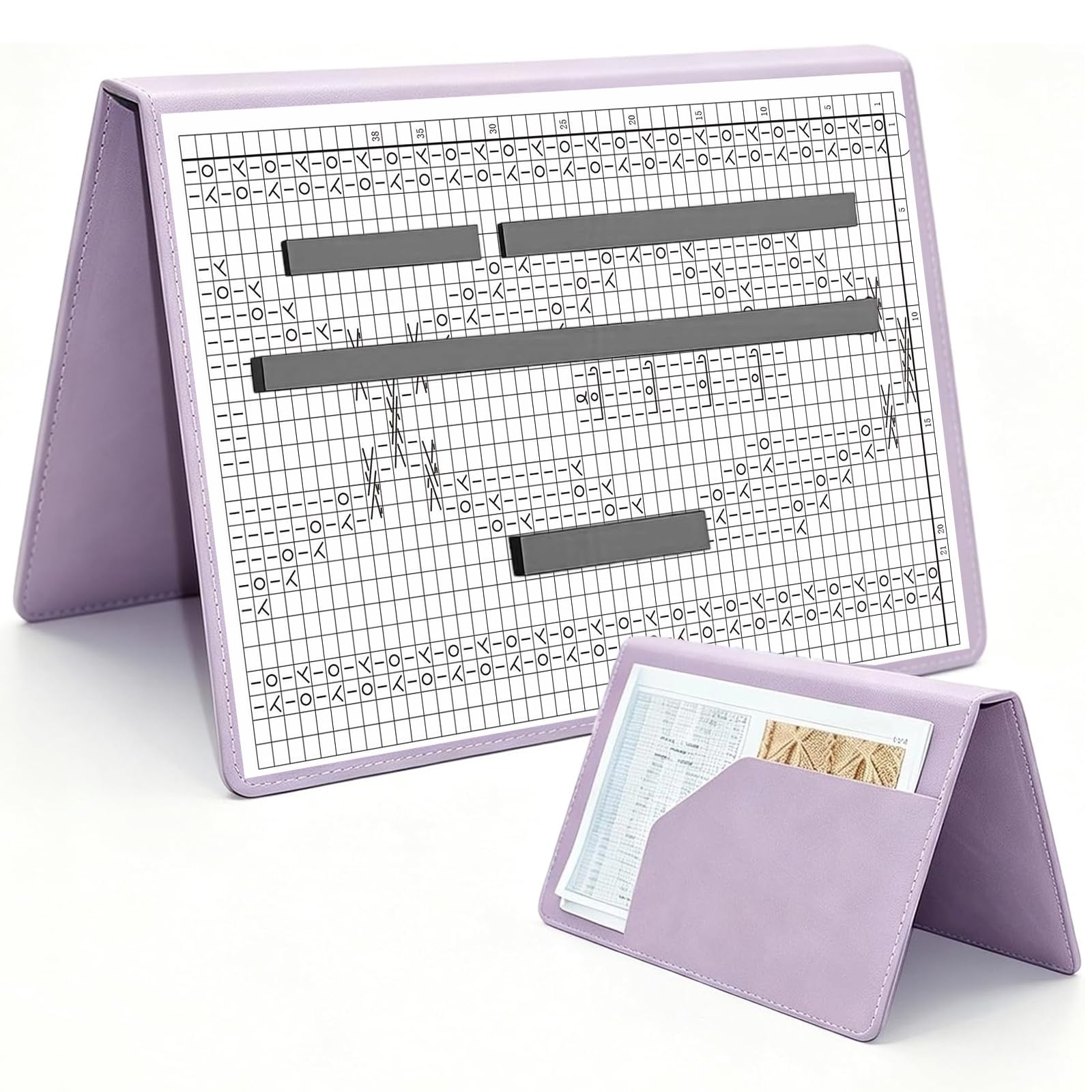 Soporte para patrones de punto con bolsillo, soporte para tabla de tejer con 4 imanes de repuesto, soporte plegable para patrón de ganchillo fijo en patrón de punto (morado)