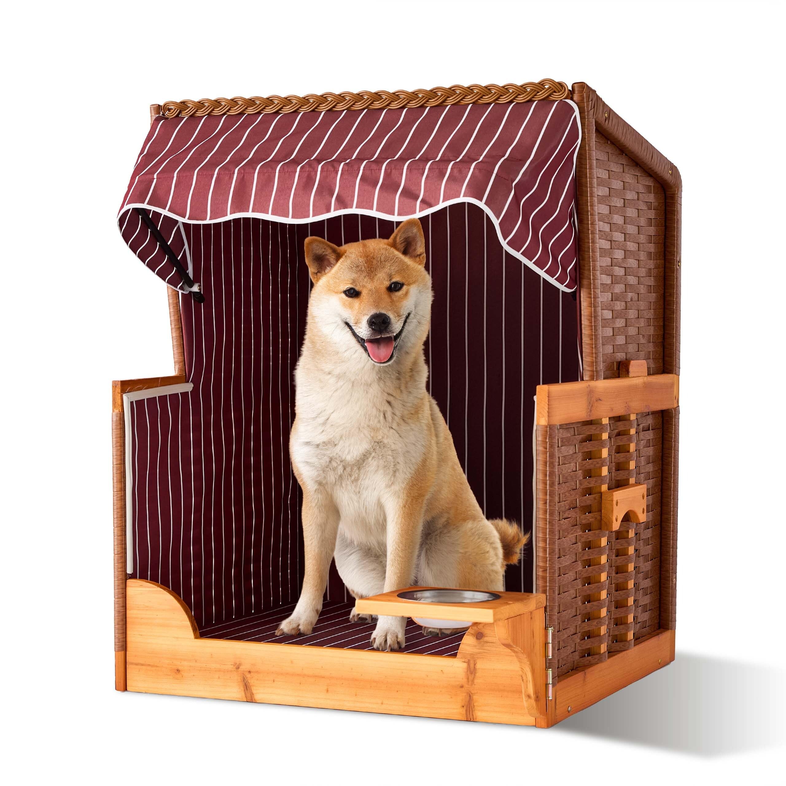 Relaxdays Fauteuil Chien en rotin avec Toit et gamelle, 95x75x65 cm, Jardin/terrasse, Bois, Rouge foncé