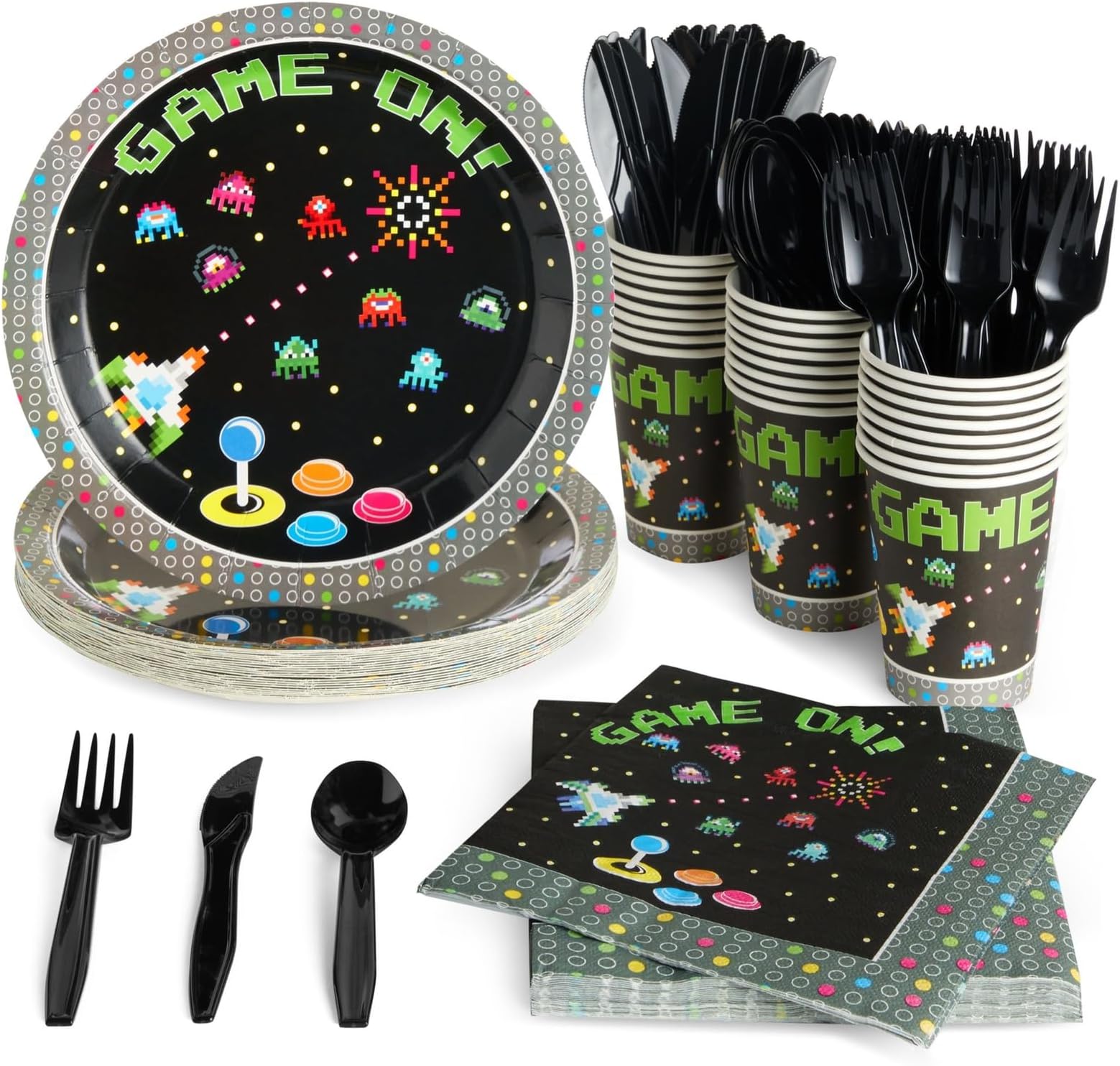 Juvale Video Game Party Bundle, Includes Plates, Napkins, Cups, and Cutlery (24 Guests,144 Pieces)