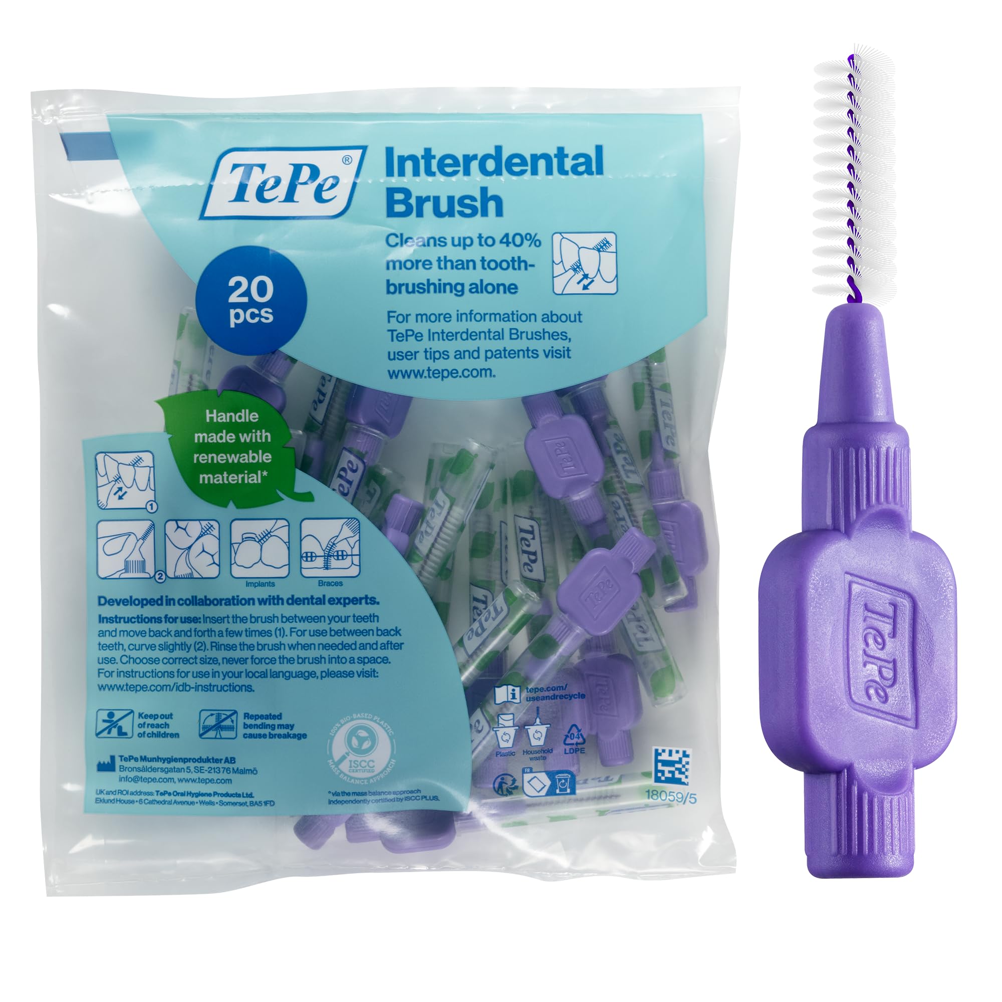 TePe Interdental Brush, Original, Purple, 1,1mm/ISO 6, 20pcs, efficient Cleaning Between Teeth, Plaque Remover and Dental flosser for Large Gaps