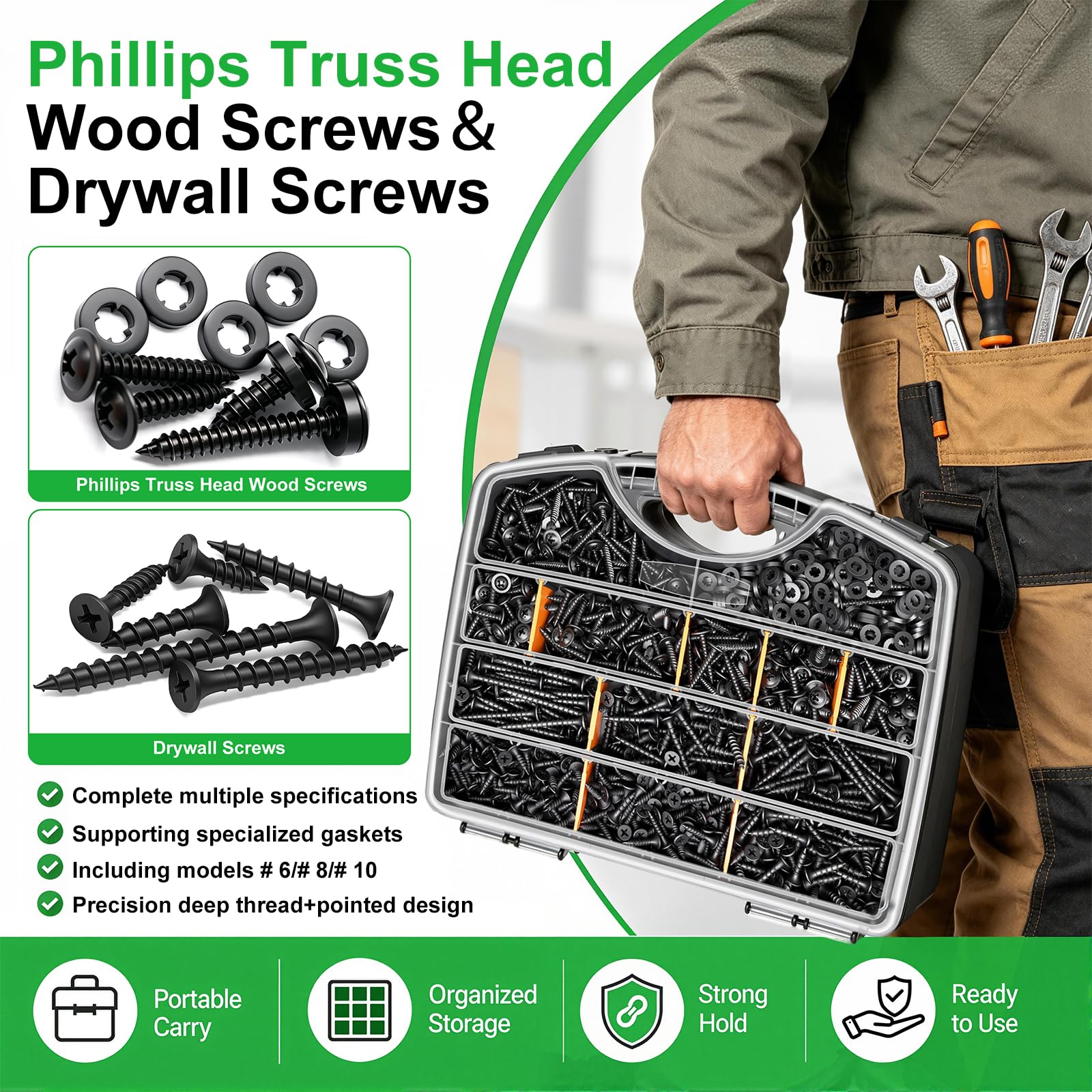 Twidec Kit surtido de 1310 tornillos de madera negros, tornillos Phillips #8#10 para madera y paneles de yeso, tornillos autorroscantes de alta dureza, rosca gruesa de 0.5 a 2-0.5 pulgadas para