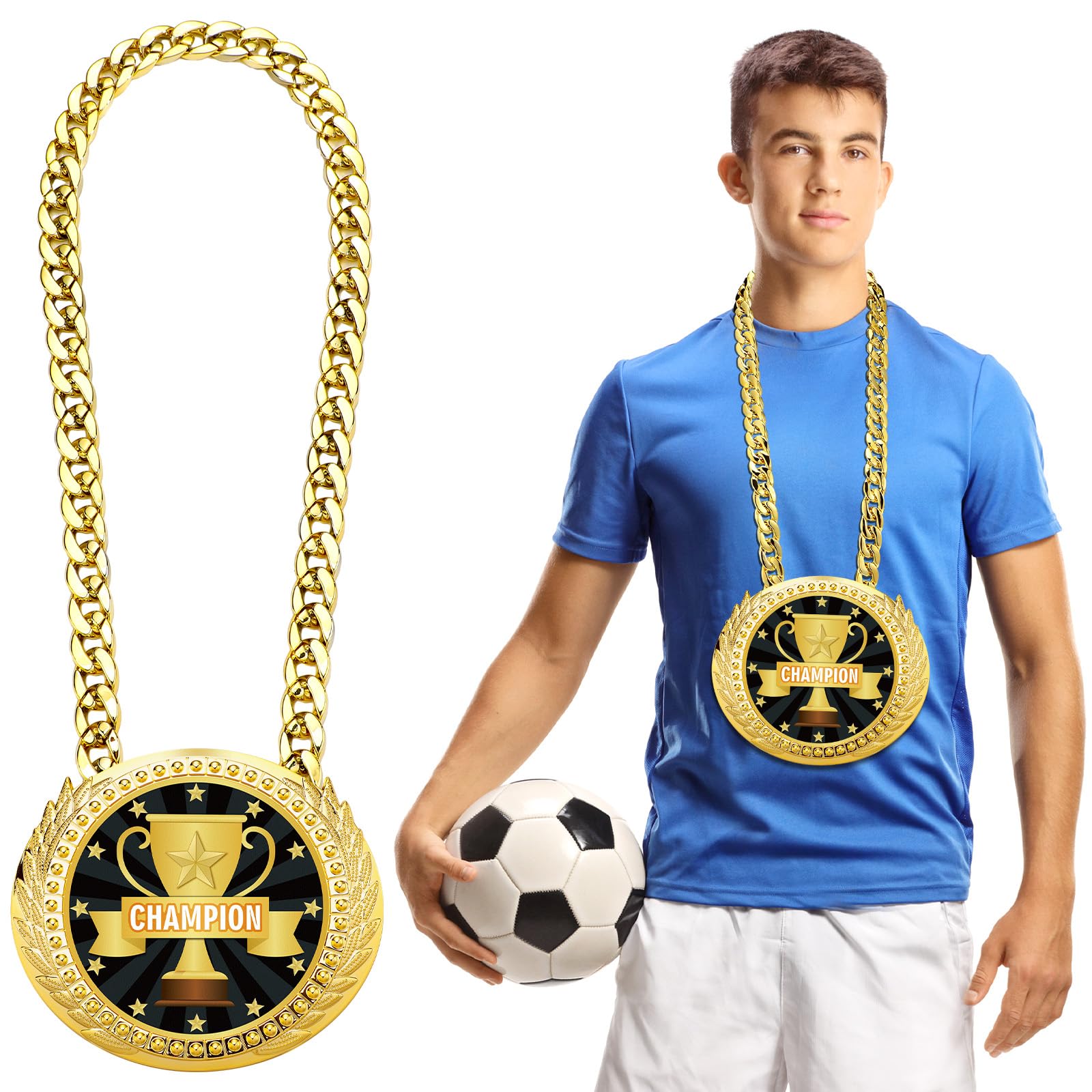 Tondiamo Sports MVP Turnover Chain Medal 6" Big Gold Champ Award Necklace Chain Baseball Basketball Football Soccer Softball Volleyball Sports