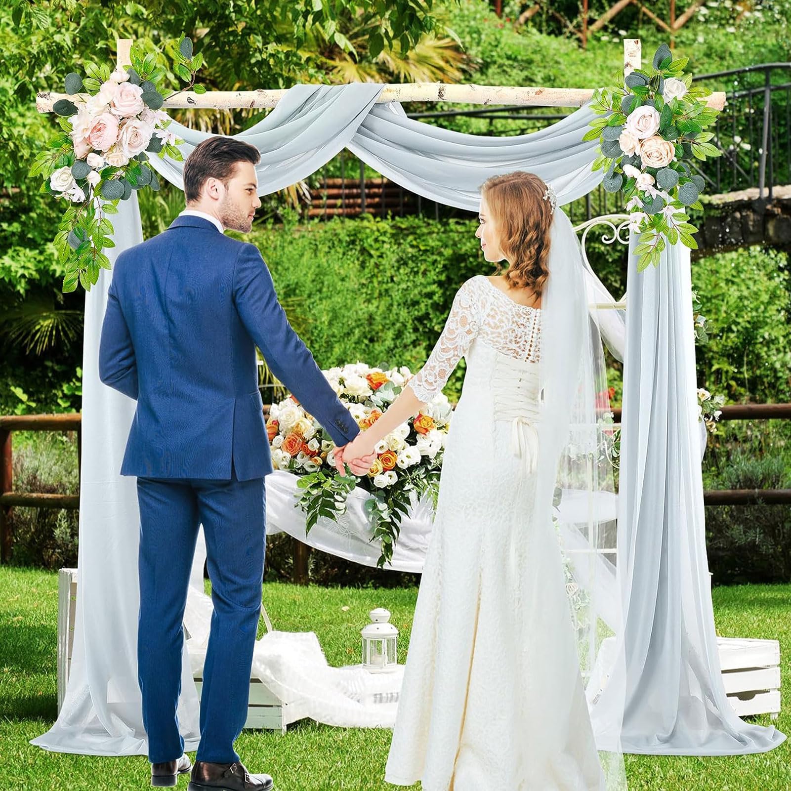 HUHJYUGE Mariage Arche Tenture, Extérieur Mariage Rideau Tulle pour Fond de Décor Pelouse Voilage Drapés Mousseline de Soie, pour Arche de Mariage, Fête Prénatale (12 400cm)