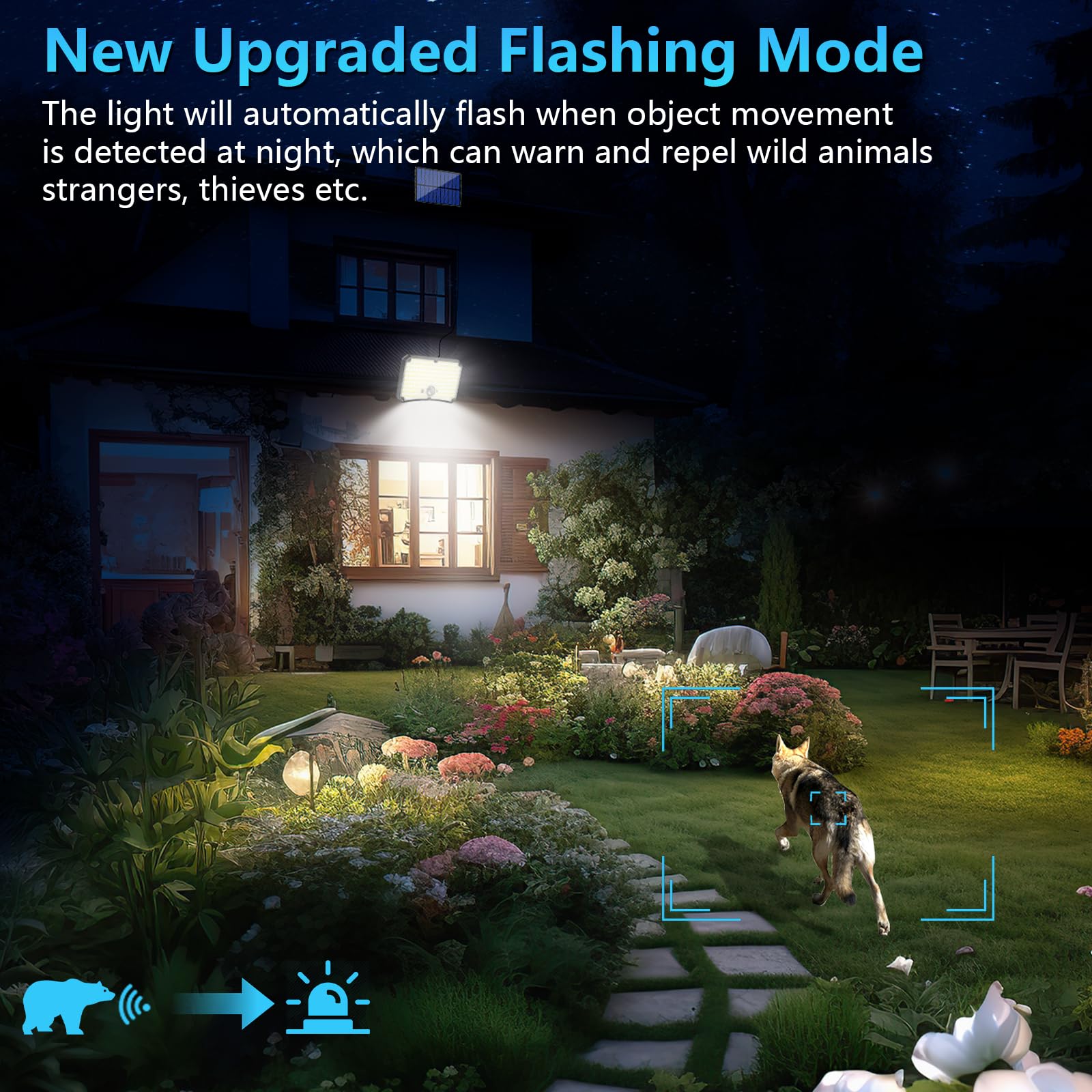 Lampada Solare da Esterno - 200LED Luce Solare LED Esterno con Sensore di Movimento 2200mAh 4 Modes Telecomando Faretto LED da Esterno Solare con Pannello, Luci da Esterno Giardino Solari con 5M Cavo