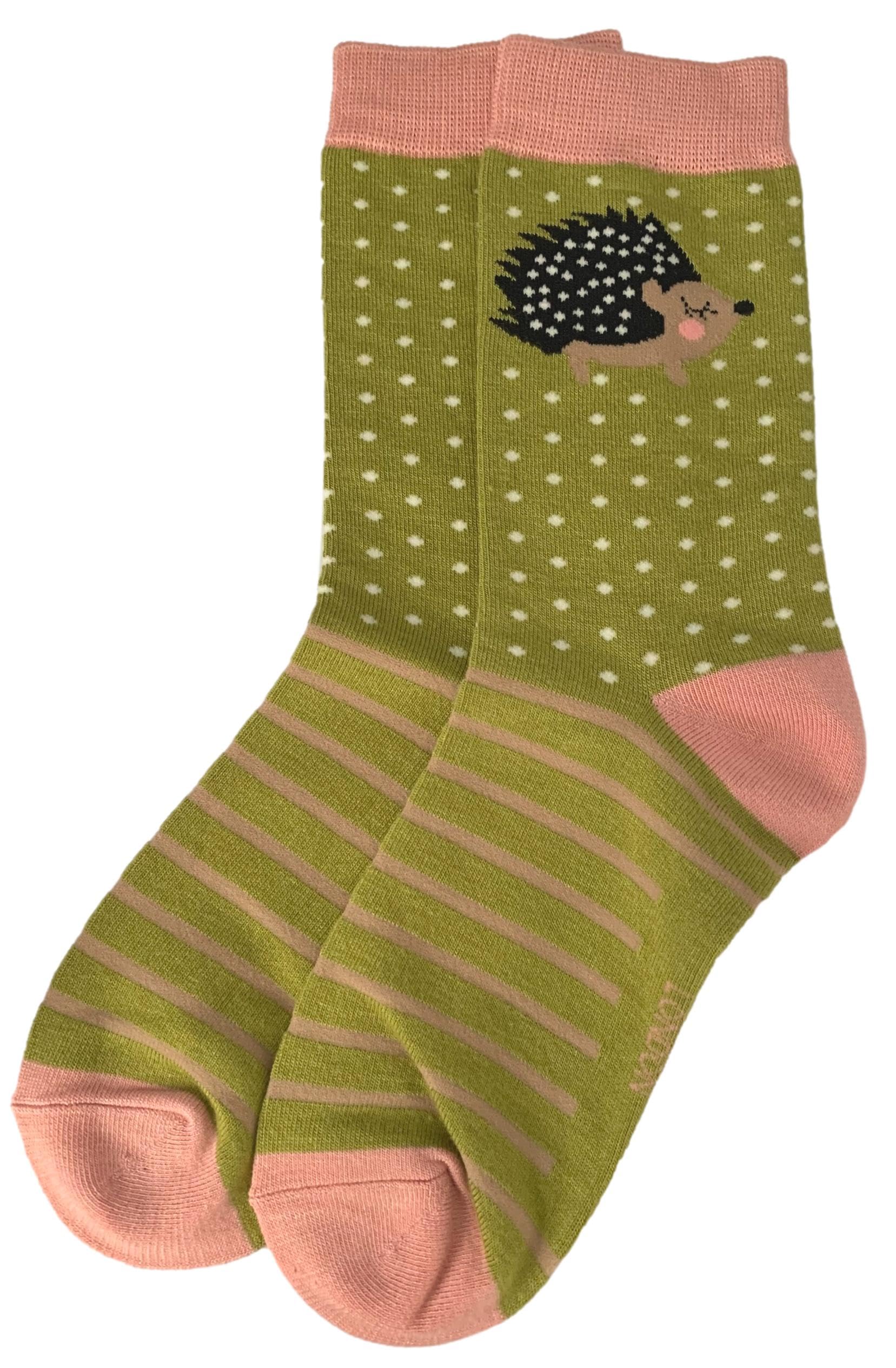 Purple Possum® Hedgehogs Socks Women's Lime Green and Pink Coloured Hedgehog Pattern Cotton Bamboo Blend Size 4-7