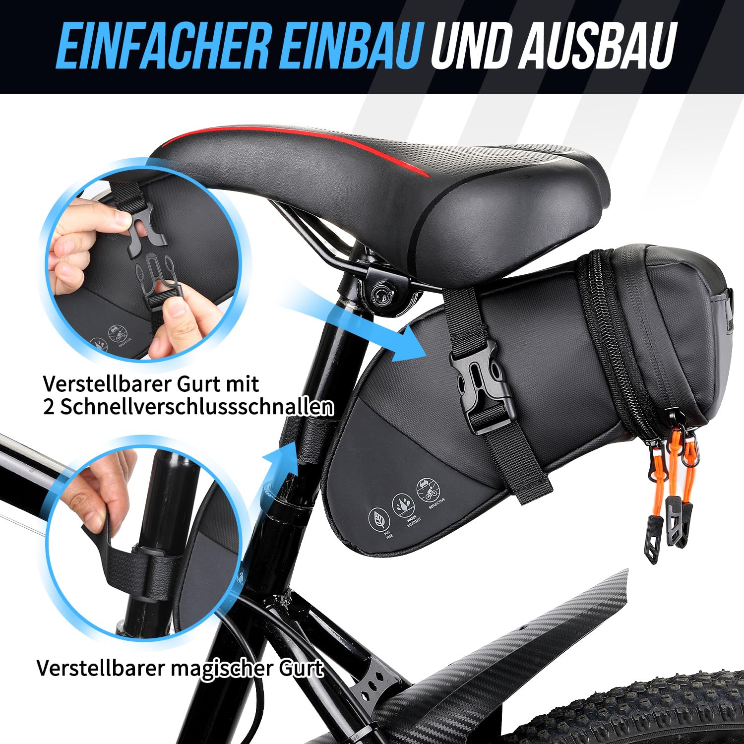 Eyein Fahrrad Satteltasche, Satteltaschen für Fahrrad - Erweiterbar von 1,5L auf 2L Kapazität, Wasserfest beim Leichten Reflektierend Fahrradtasche Fahrradsitz Tasche für Straße Rennrad