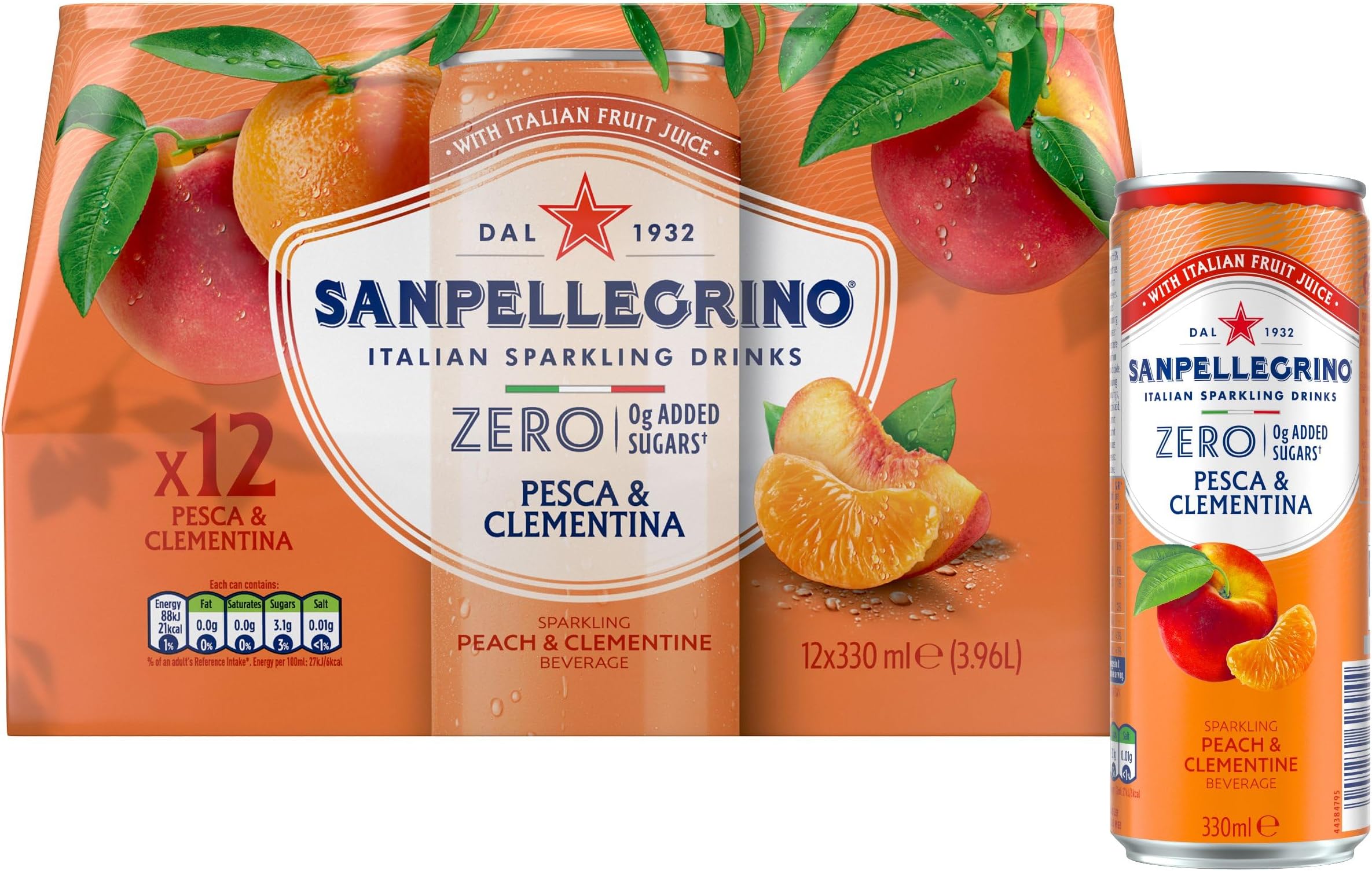 Italian Sparkling Drinks Zero Sparkling Peach & Clementine Canned Soft Drink 12 x 330ml, 21kCals per can
