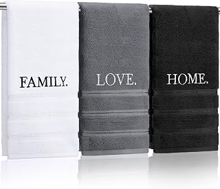 FuWeave 3 Pack Farmhouse Embroidered Cotton Hand Towels - Home Love Family Rustic Design for Boho Bathroom Kitchen Decor (30x14")