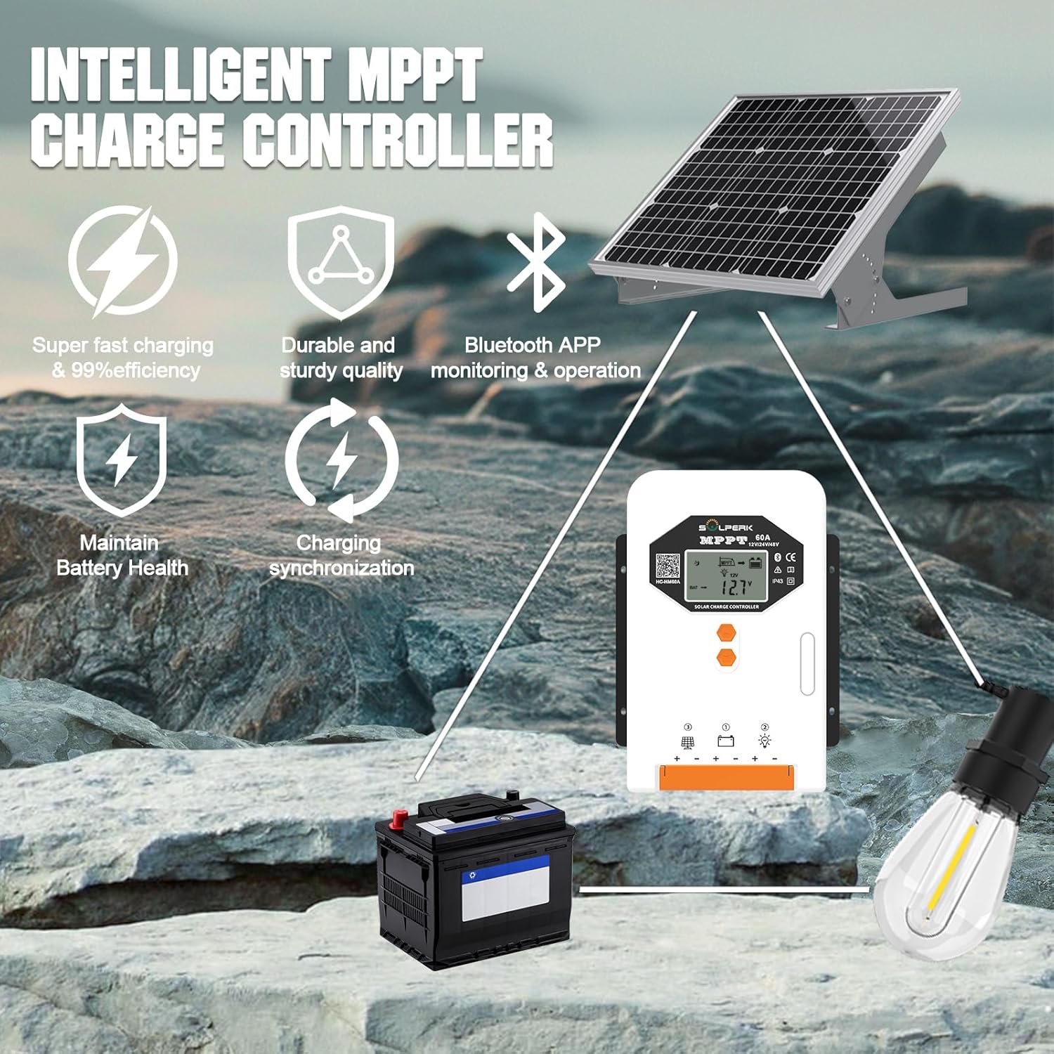 SOLPERK MPPT Solar Charge Controller, 60A 12V/24V/48V Auto, Input LCD Display Regulator Intelligent Solar Panel Regulator for LiFePO4, SLD,Gel Sealed, Lithium, AGM, Flooded Battery