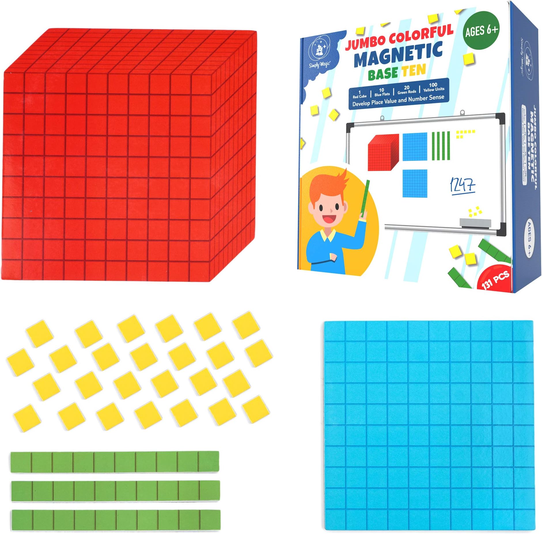 131 PCS Jumbo Magnetic Base Ten Blocks for Math - Place Value Blocks, Base 10 Math Manipulatives K-3, Number Blocks, Math Counters for Kids, Math Cubes, Counting Blocks, Kindergarten 1st 2nd 3rd Grade