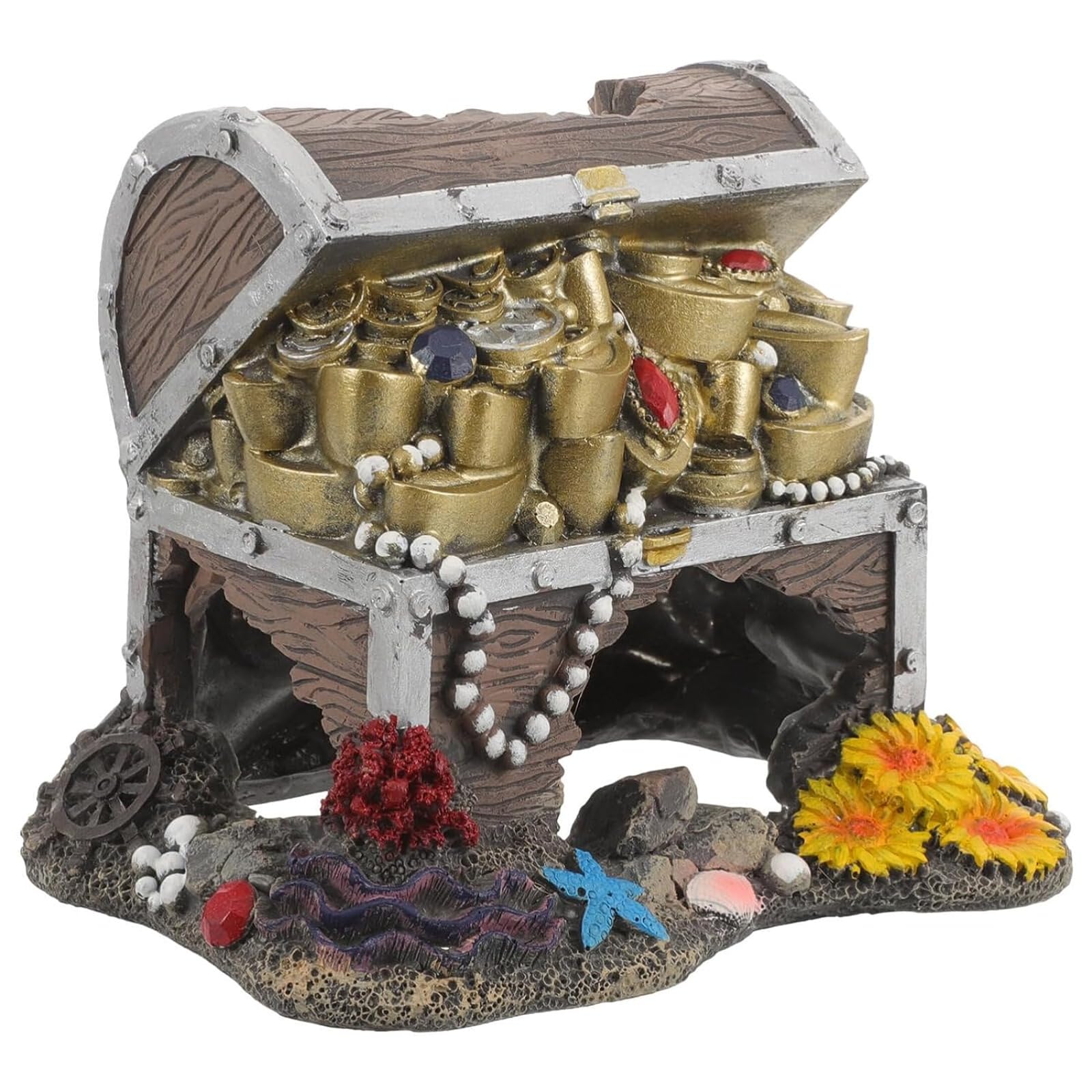 Eivdru Cofre del tesoro del acuario, adorno de tanque de peces, adorno de cofre del tesoro de resina escondite para acuario, pirata submarino, fiesta temática, decoración de paisaje