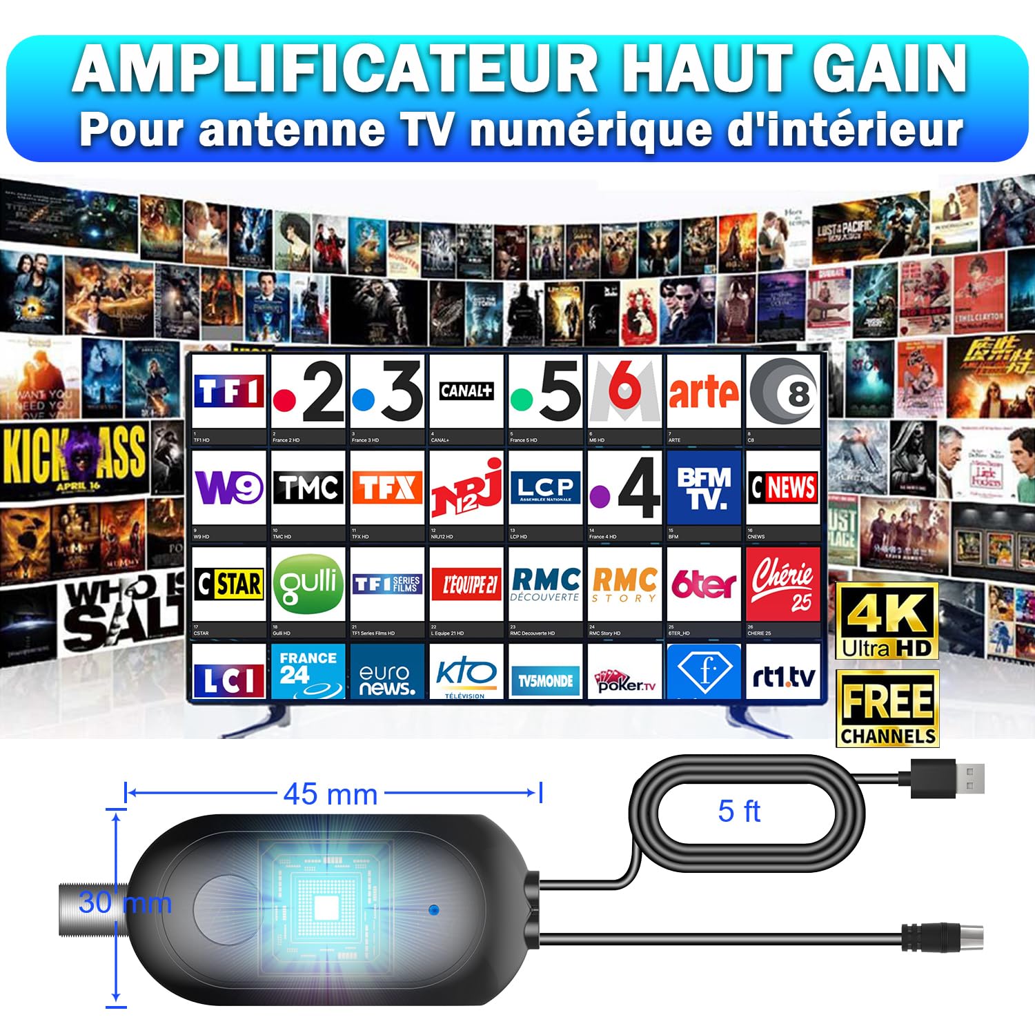 Amplificateur Antenne TV Booster Signal TNT DVB-T2 Compatible Télévision Numérique Full HD 4K UHD