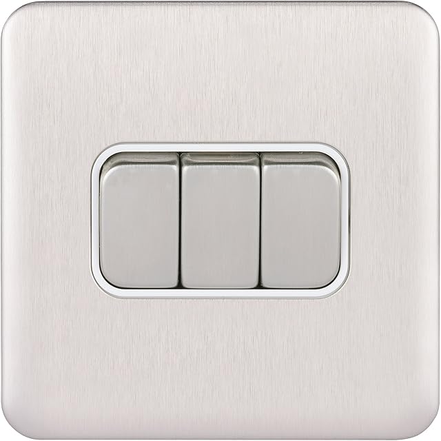 Schneider Electric Lisse Screwless Deco - 3 Gang 2 Way Light Switch, 10AX, GGBL1032WSS, Stainless Steel with White Insert