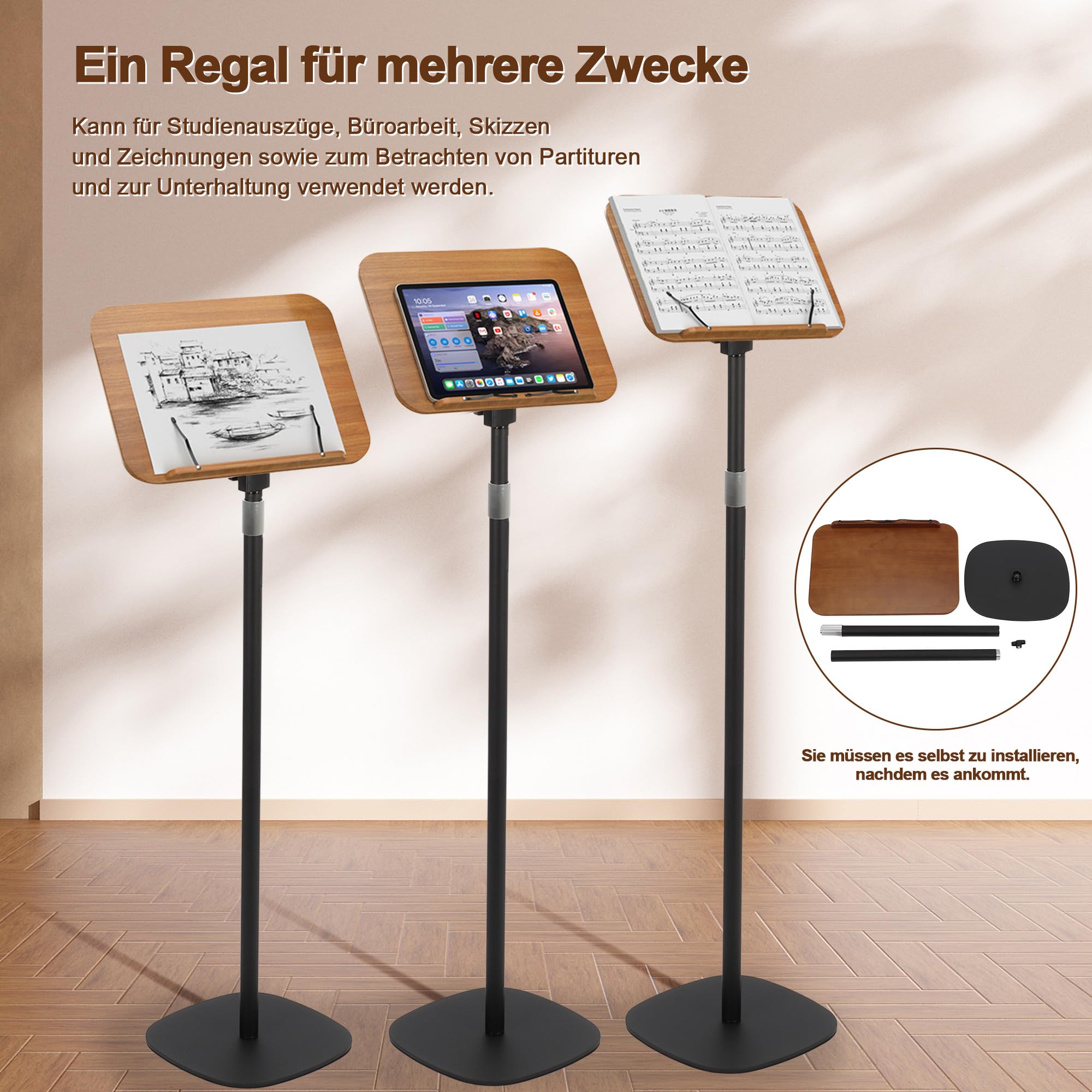 aleawol Supporto per libri regolabile in altezza, 80-130 cm, Leggio Porta Libri, per leggere con clip di carta, supporto per libri in legno, per appunti, ricette e iPad