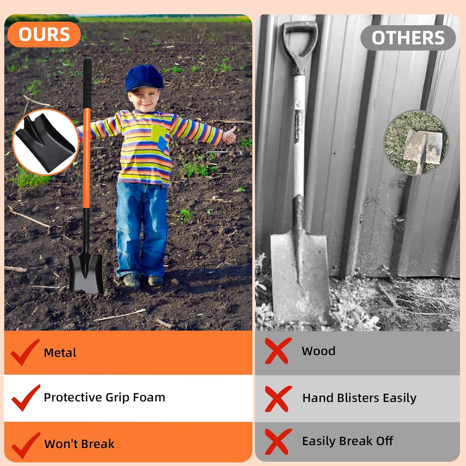 Small Square Shovel 43.3Inches Heavy Duty Garden Tools with Metal Handle, Small Transfer Spade for Digging Camping Car Beach Shovel, Orange