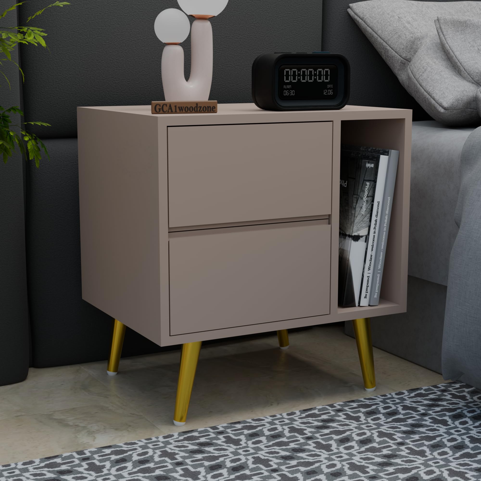 Wooden Solid Bedside Table for Bedroom | Wooden Bed Side Nightstand Lamp Table with 2 Drawers & Open Shelf Storage for Home & Hotels|HDMR Premium Wood & Iron Legs, Light Beige(Pack of 2)-image-43