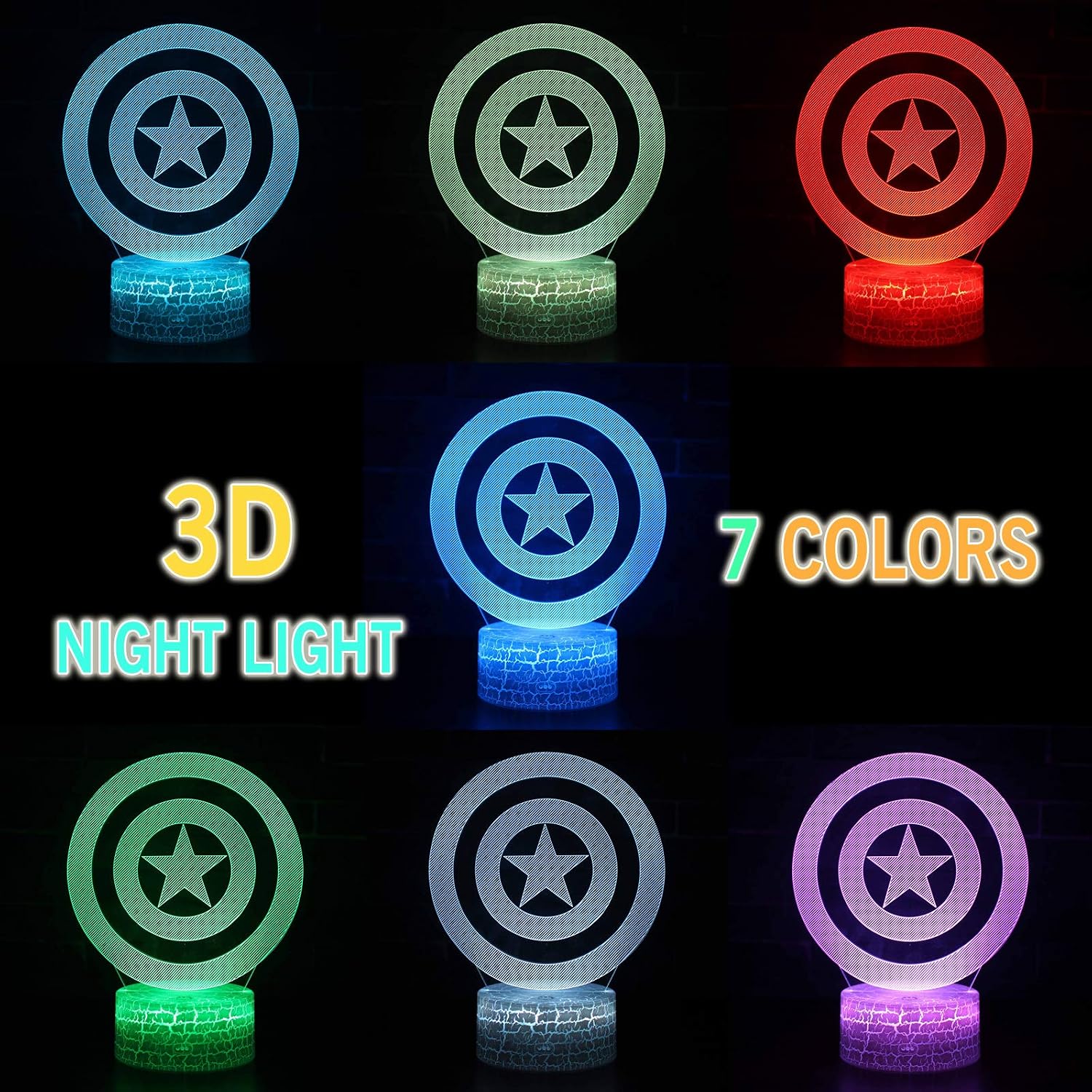 LED Superhero 3D Optical Illusion Smart 7 Colors Captain Night Light Table Lamp for Gifts with USB Power Cable