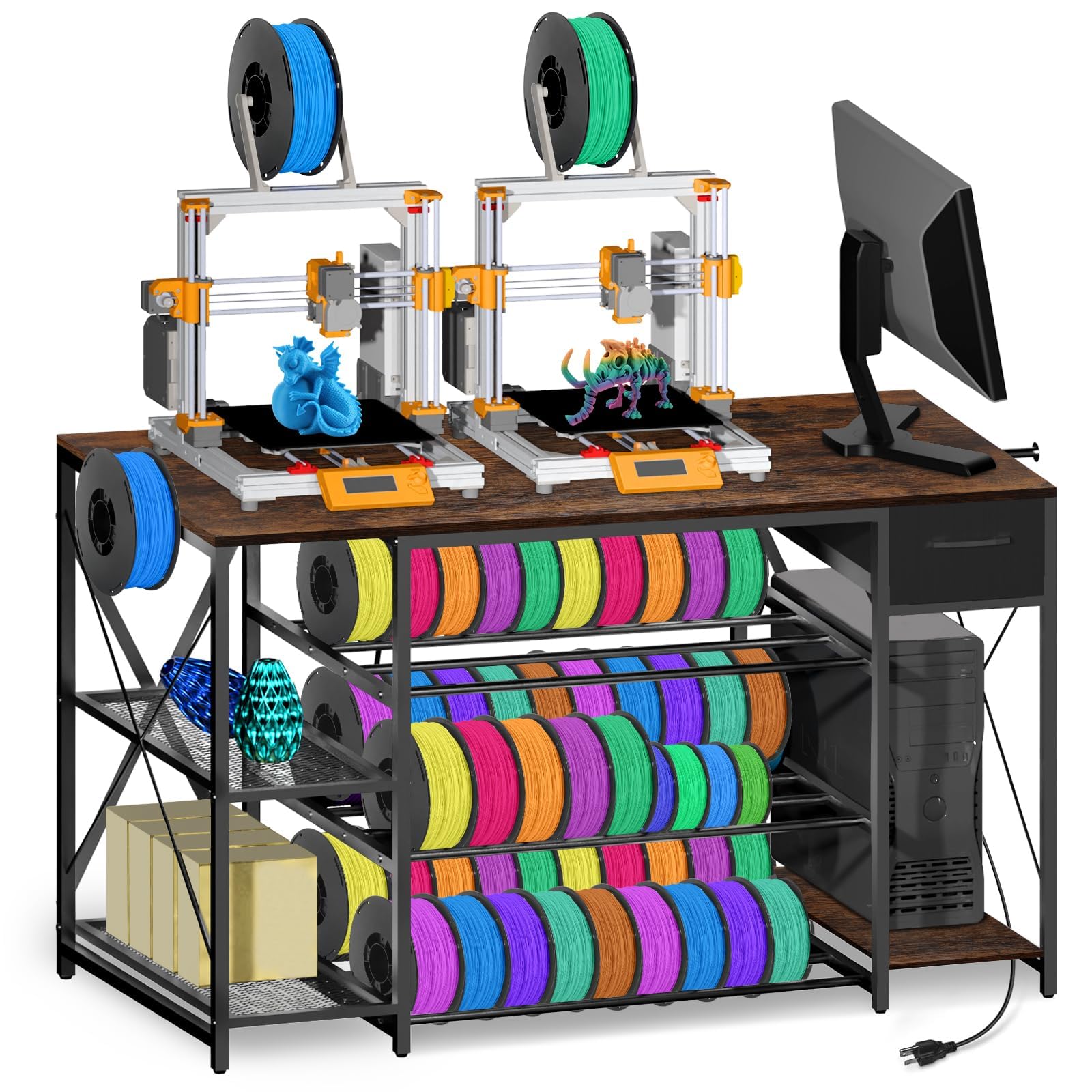 Large 3D Printer Stand with Filament Storage, 4-Tier 3D Printer Table with Storage Drawer and Charging Station, Filament Rack, Heavy Duty 3D Printer Desk Spool Holder for Workshop Office Studio, Brown