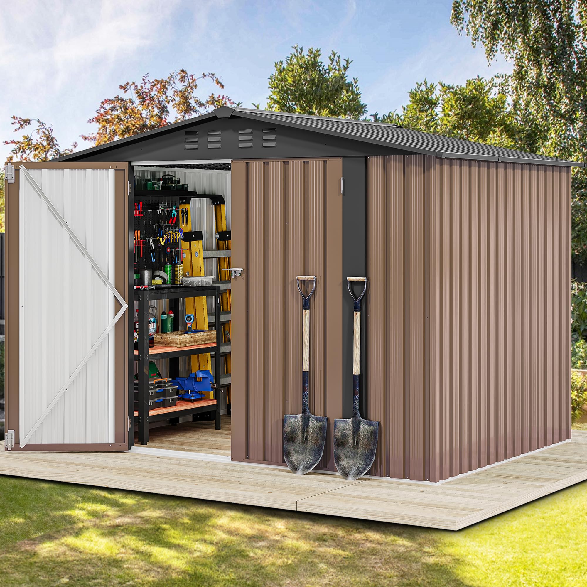 DWVO 8x6FT Outdoor Storage Shelter, Roomy Steel Tool Shed with Secure Entrances & Air Circulation for Patio, Lawn, and Backyard, Ideal for Storing Garden Gear, Lawn Tools, and Bikes, Brown