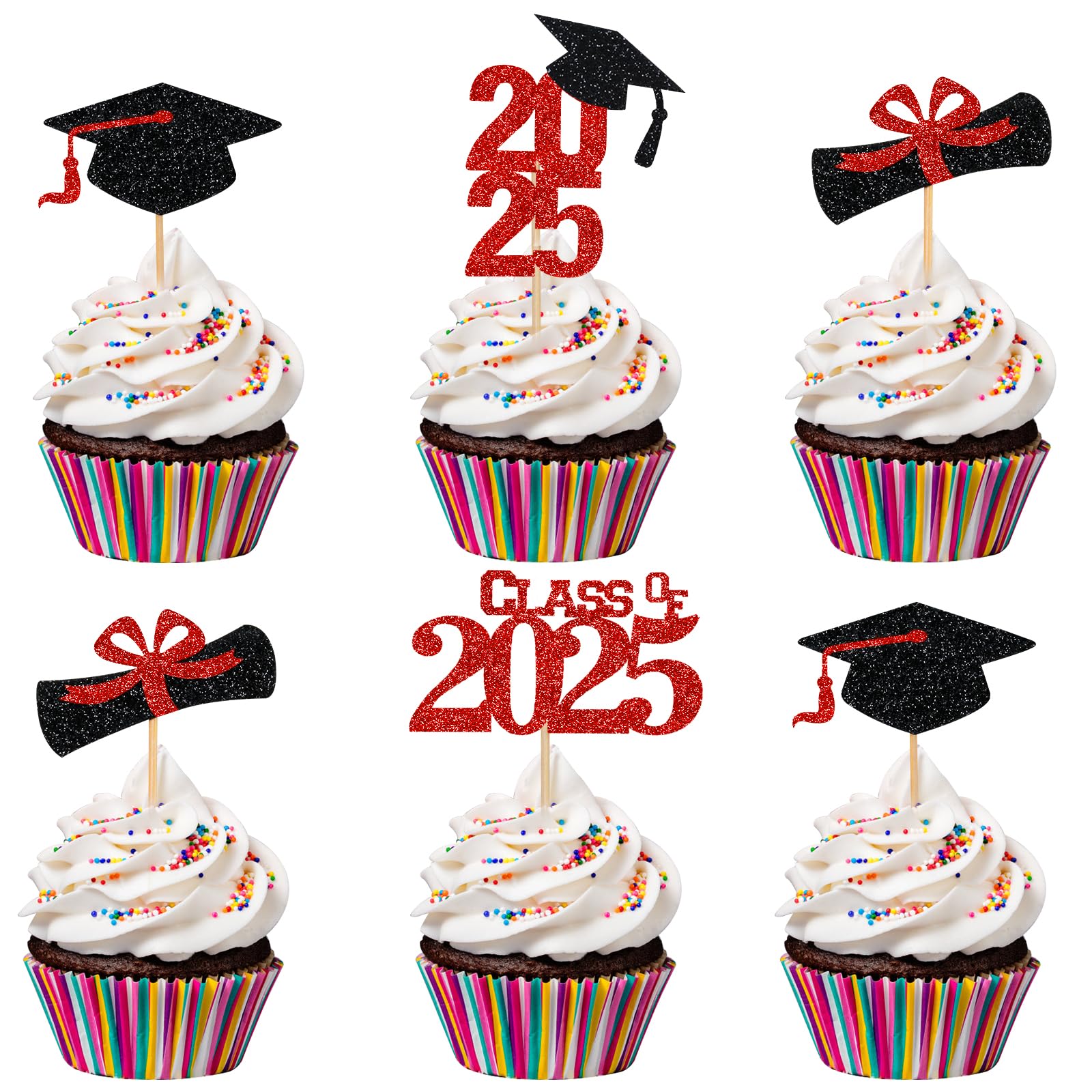 32 Stück Cupcake-Topper „Klasse 2023“ In Rot & Blau – Für Abschlussfeiern, Party-Deko Mit Glitzer