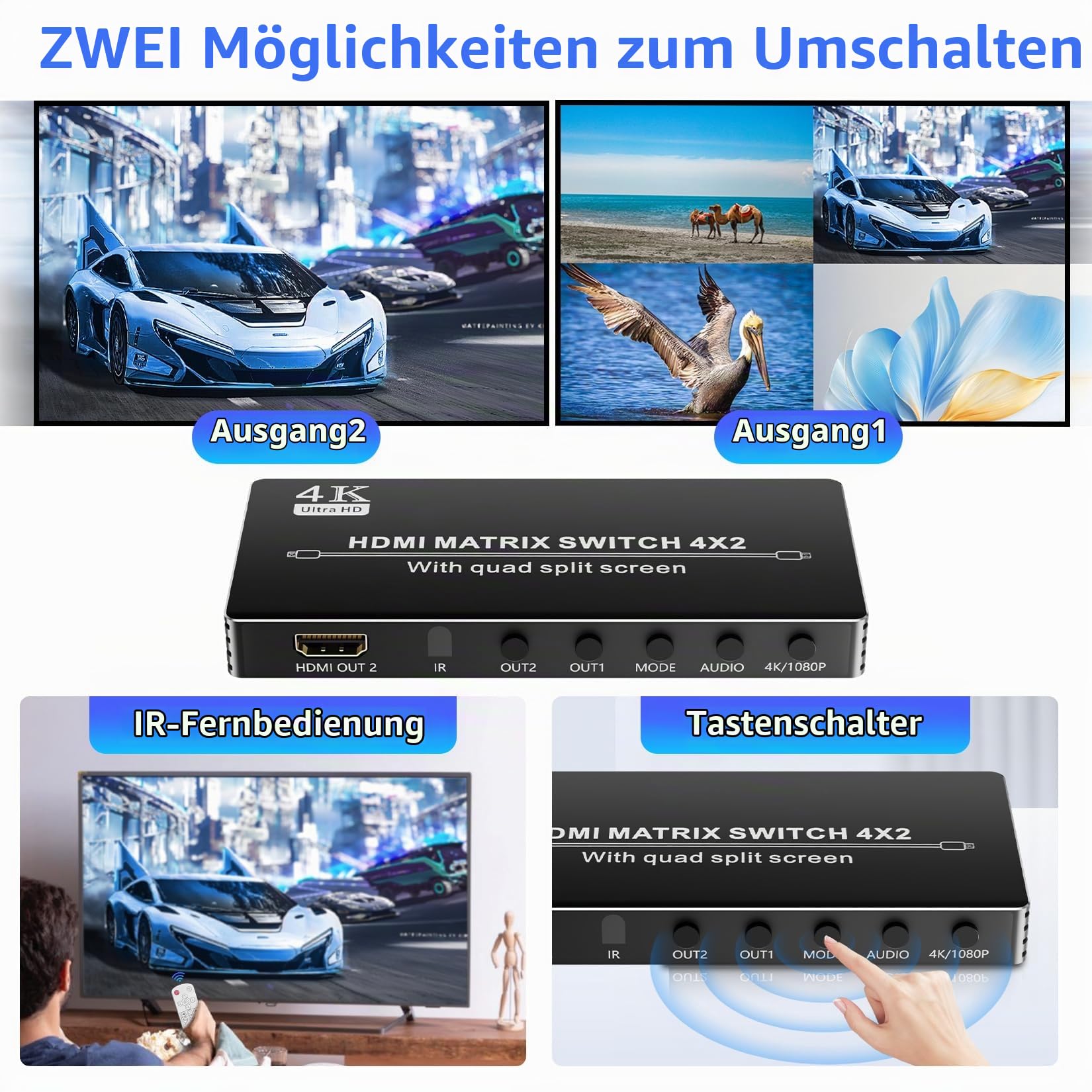 BolAAzul 4X2 HDMI Multi-Viewer Mit Quad Screen und Loop Out - 4K 30Hz Seamless Switch und Matrix