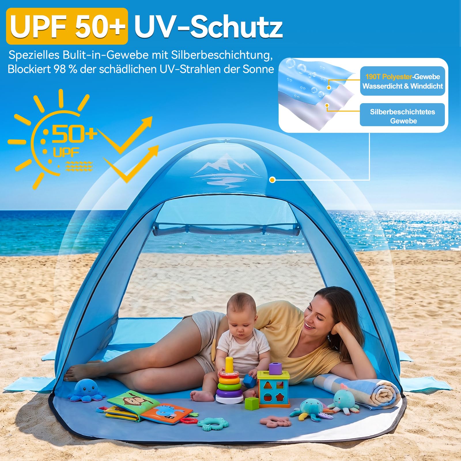 MAXDONE Namiot plażowy typu muszla plażowa, rozkładany namiot dla 2-3 osób, automatyczna ochrona przed promieniowaniem UV50+, przenośny, bardzo lekki namiot plażowy dla rodzin, na plażę, kemping, do