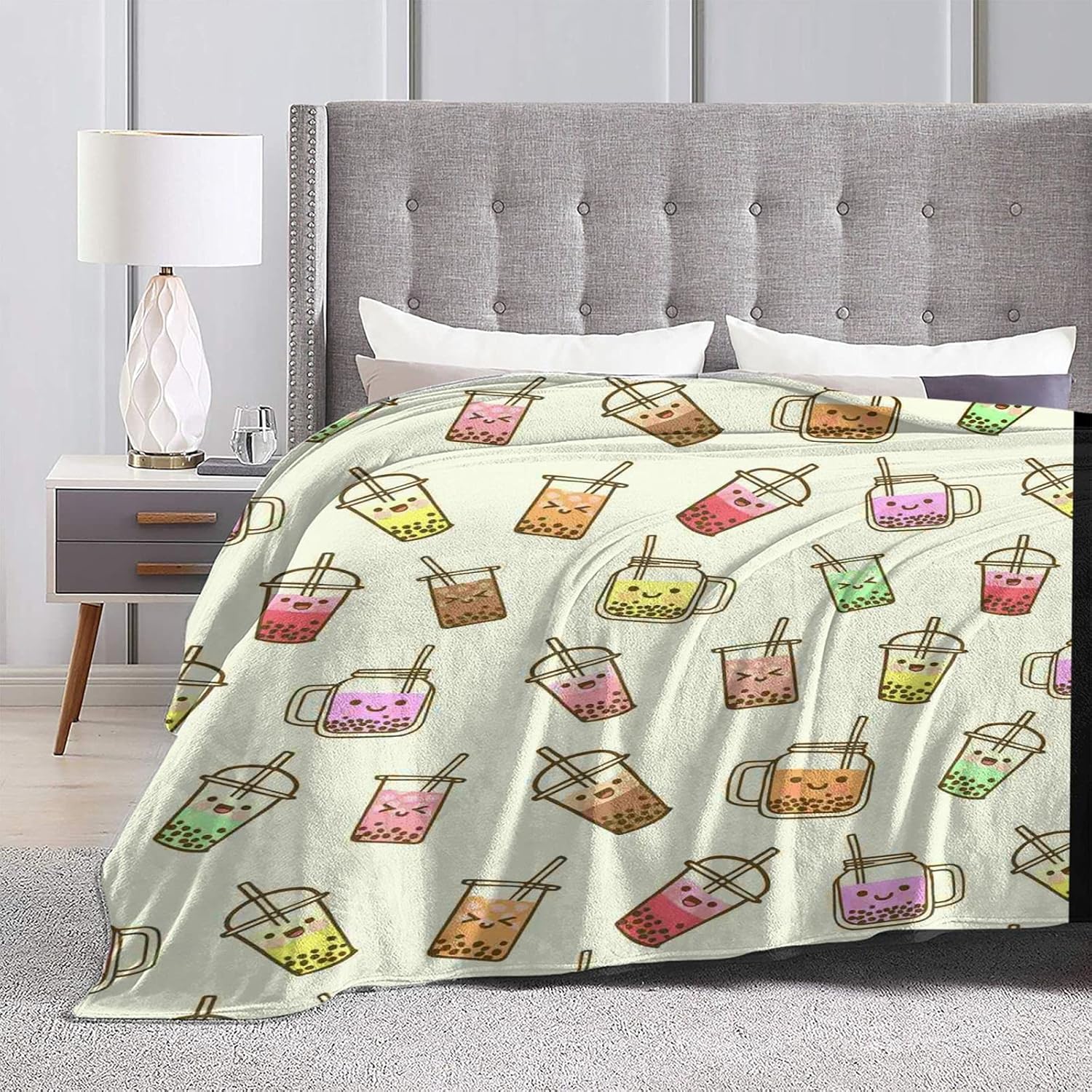Boba Bubble Tea Blanket Kawaii Smiled Drinks with Tapioca Pearls Throw Blanket for Kids Girls, Ice Milk Tea Cozy Flannel Blanket Soft Lightweight Fluffy Sofa Plush Fleece Blanket 60"x50"