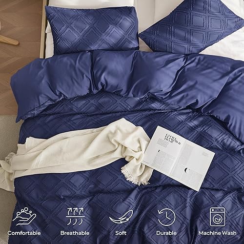 Miniatura 3 de JELLYMONI Funda de edredón azul marino tamaño King  Juego de funda de edredón de microfibra copetuda de 3 piezas, funda de edredón bohemia con