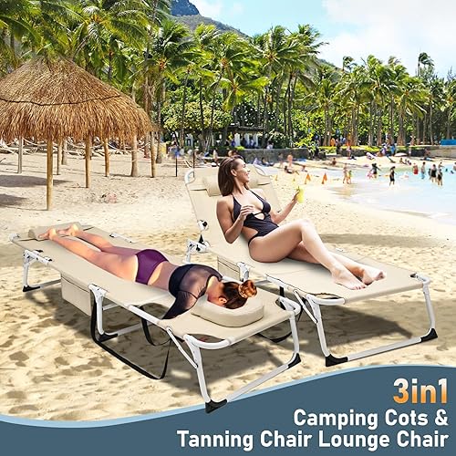 Vista 13 de DoCred Sillón plegable con colchón, cama plegable ajustable de 5 posiciones, tumbona perfecta para tomar el sol, campamento, piscina, playa, patio