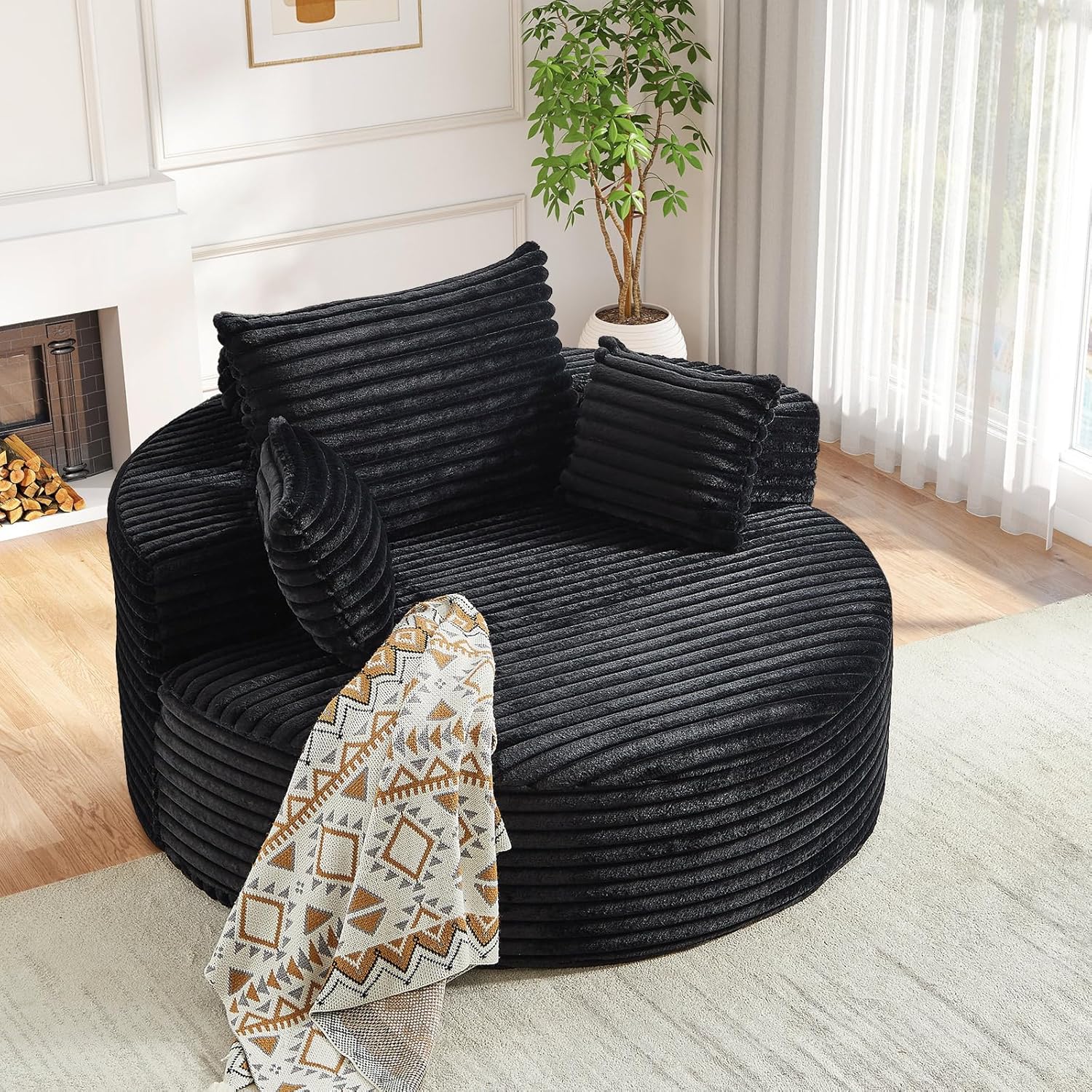 Oversized Round Chaise Longue Chair Indoor, Modern 55-inch Upholstered Corduroy Deep Seat Circle Single Cloud Lounge Floor Sofa Chair for Living Room, Bedroom Apartment, Black